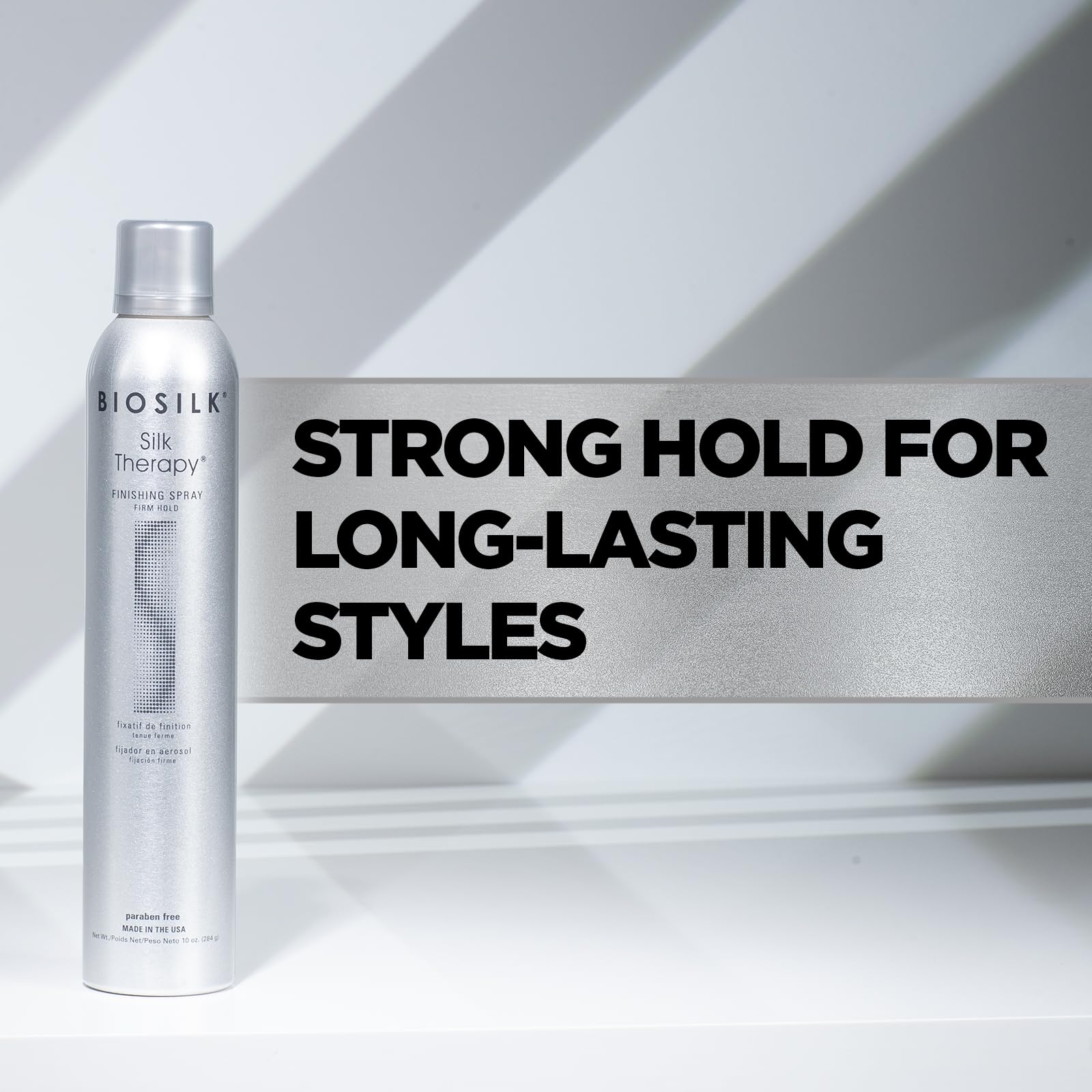Light Gray BioSilk Silk Therapy Finishing Spray Firm Hold, Strong-Hold Hairspray for Long-Lasting Styles, Adds Brilliant Shine & Keeps Hair Touchable, Sulfate-Free, Paraben-Free, Cruelty-Free, 10 Oz