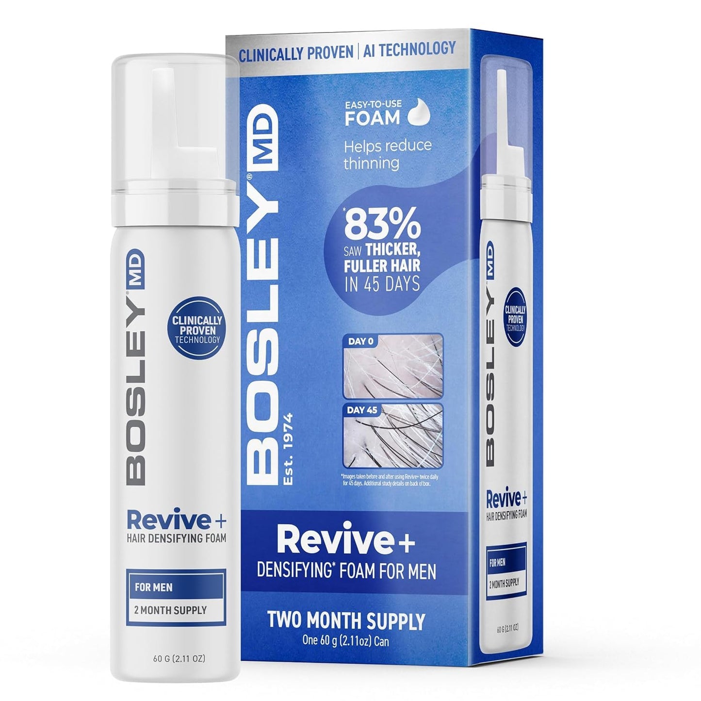 Lavender BosleyMD Men’s Revive + Densifying Treatment Foam – Drug-Free Hair Thinning Treatment with YuvaBio® Y100™, Biotin & Pumpkin Seed Oil – 60-Day Supply, 2.11 oz