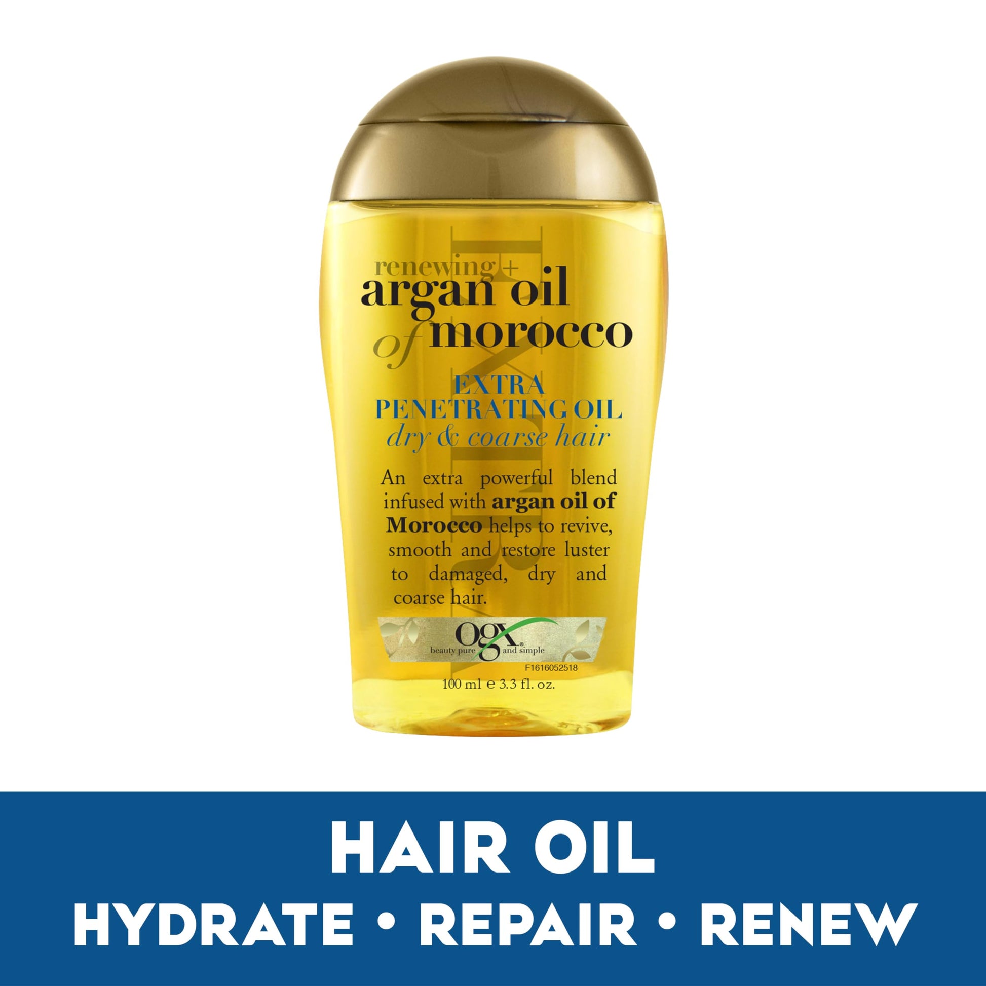 White Smoke OGX Renewing + Argan Oil of Morocco Hair Oil, Extra Strength Penetrating Serum Treatment for Dry, Damaged, Frizzy, Curly & Coarse Hair, Cold-Pressed Argan Oil, Shine, 3.3 Fl Oz