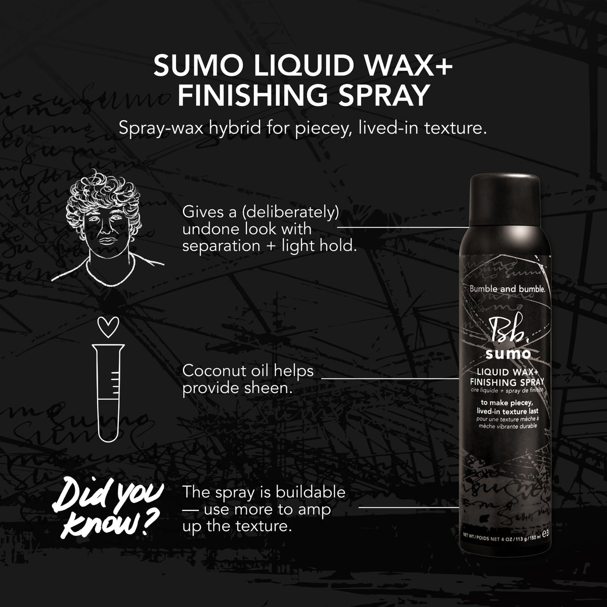 Black Bumble and bumble. Sumo Liquid Wax + Finishing Spray | For Piecey Texture, Buildable Separation, Light Hold + Natural Shine | With Coconut Oil | For All Hair Types, 4 Ounce