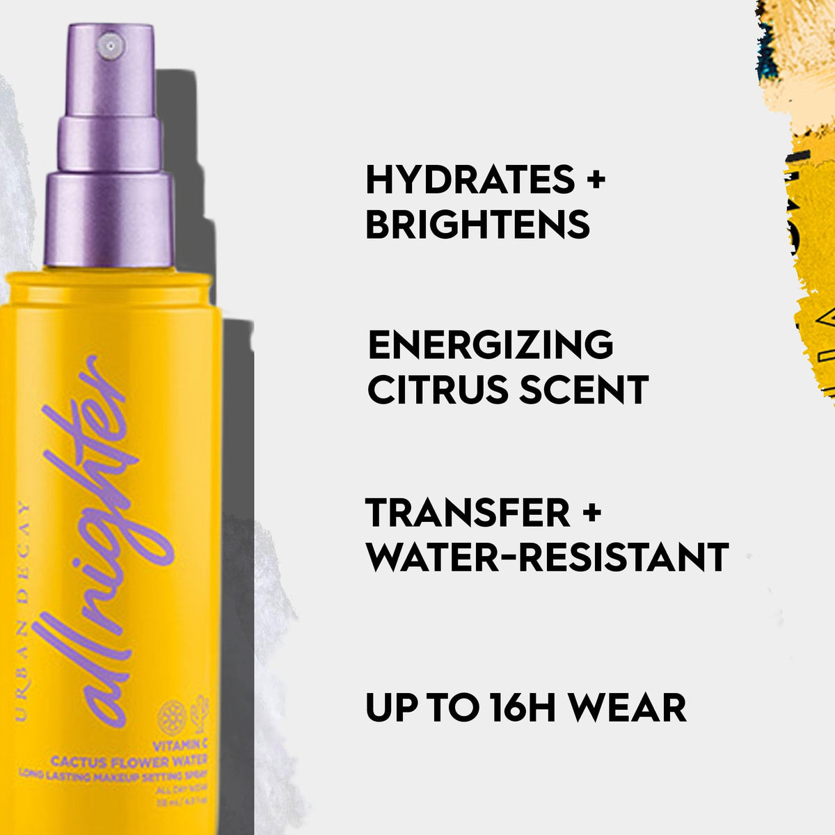 Lavender Urban Decay All Nighter Vitamin C Hydrating Makeup Setting Spray for Face (Travel Size), Transfer-Resistant, Waterproof, 16 HR Wear, Vitamin C & Cactus Flower Water, Illuminated Finish - 4 fl oz