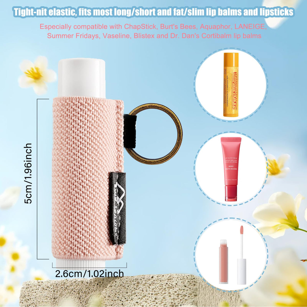 White Smoke WK IEASON Lip Balm Holder Keychain for LANEIGE, Summer Fridays, Small Christmas Gifts Stocking Stuffers for Teen Girls, Lip Gloss Holder Compatible With Chapstick, Burt's Bees Elastic Lipstick Holder