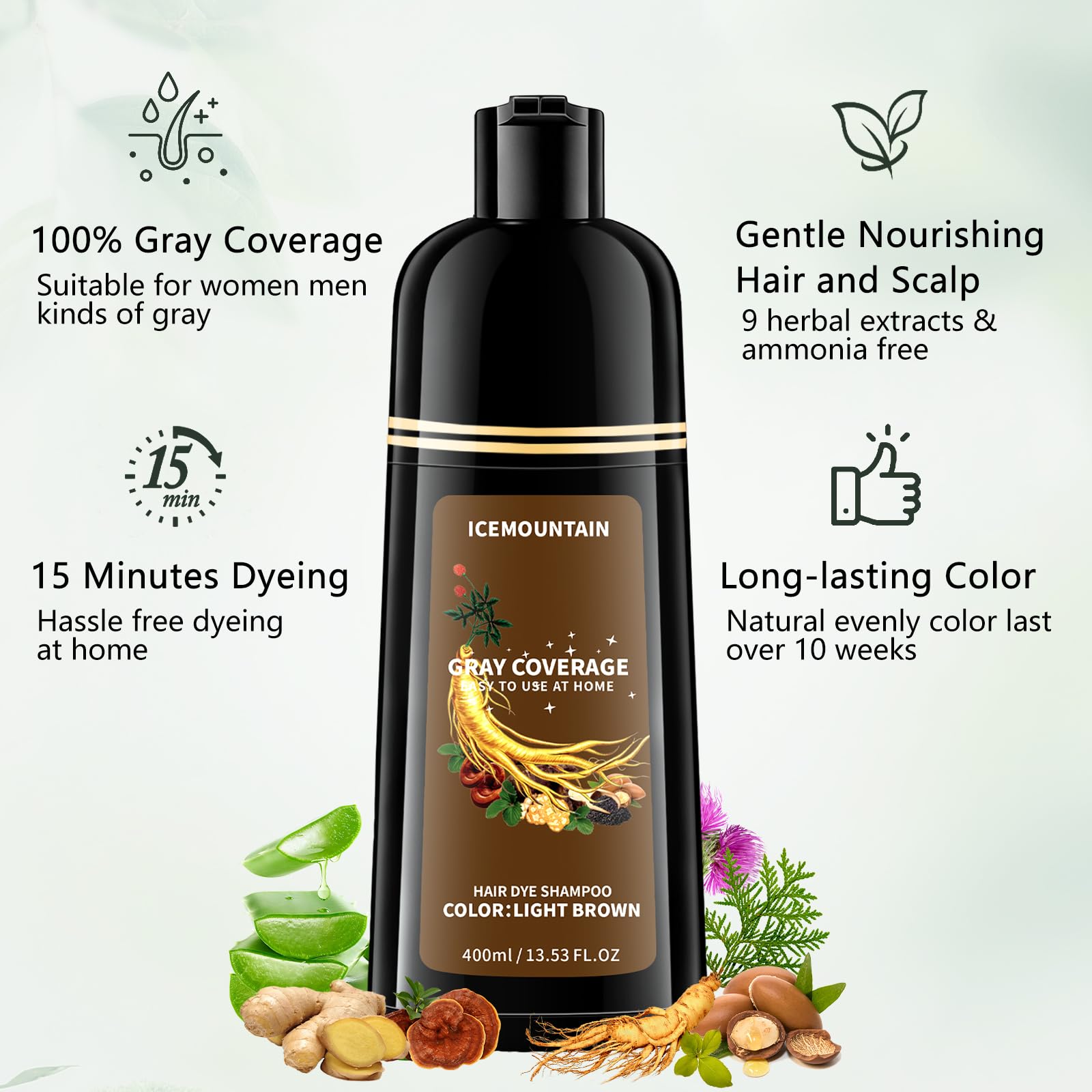 Honeydew Light Brown Hair Dye Shampoo 3 in 1, Instant 100% Gray Hair Coverage Hair Color Shampoo for Women Men with 9 Natural Herbal Ingredients