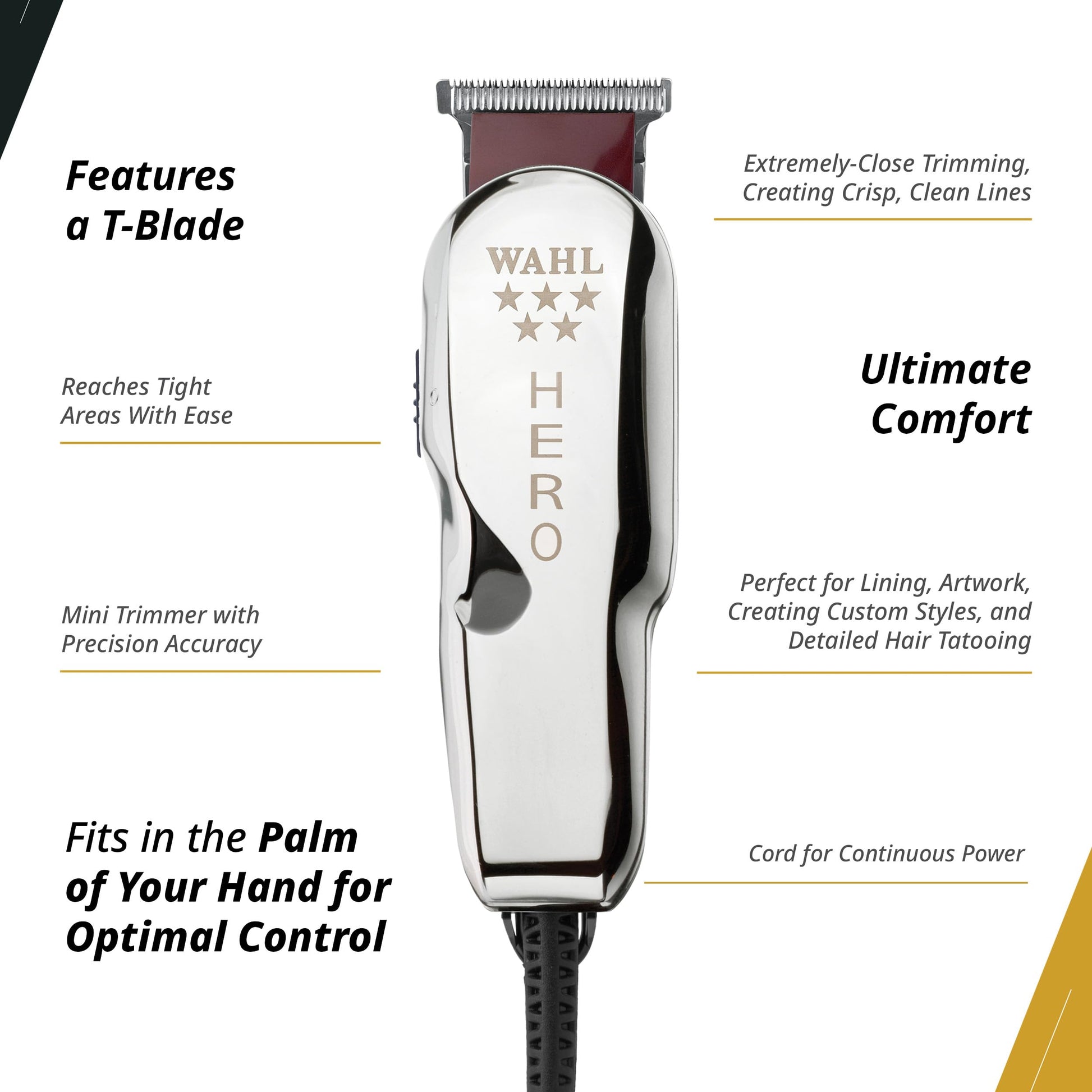 White Smoke Wahl Professional 5 Star Hero Trimmer, Corded, Adjustable T-Blade, Lightweight Rotary Motor, Includes 3 Guides for Precision Lining