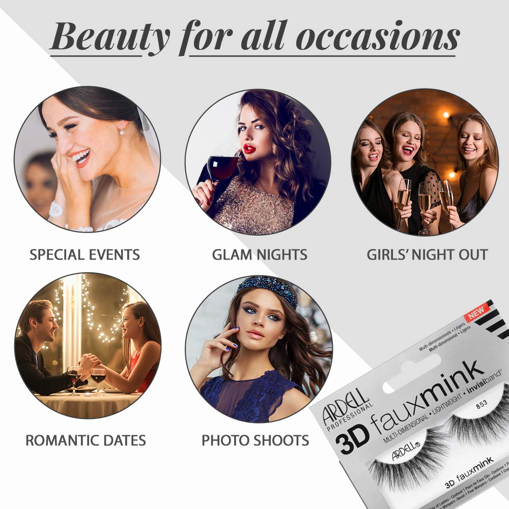 White Smoke Ardell 3D False Eyelashes Faux Mink Lashes 853 - Fluffy Volume Strip Wispy Lashes with Invisiband, 4 Pairs