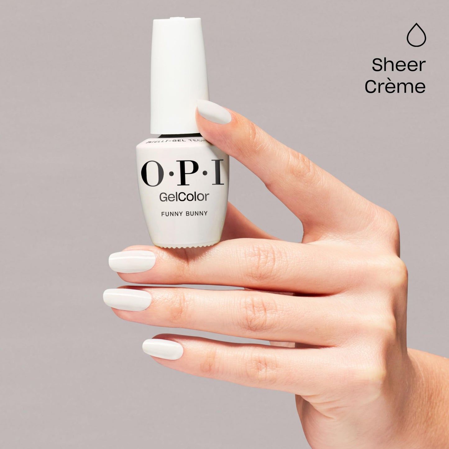 Gray OPI GelColor Funny Bunny | Sheer Soft White Crème LED Cure Gel Nail Polish | Salon-Quality Shine, Long-Lasting Wear | Vegan & HEMA Free | 0.5 Fl Oz