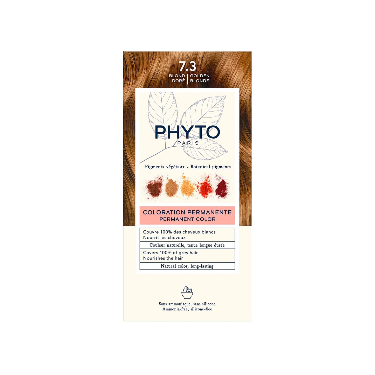 Seashell PHYTO Phytocolor Permanent Hair Color, 7.3 Golden Blonde, with Botanical Pigments, 100% Grey Hair Coverage, Ammonia-free, PPD-free, Resorcin-free, 0.42 oz.
