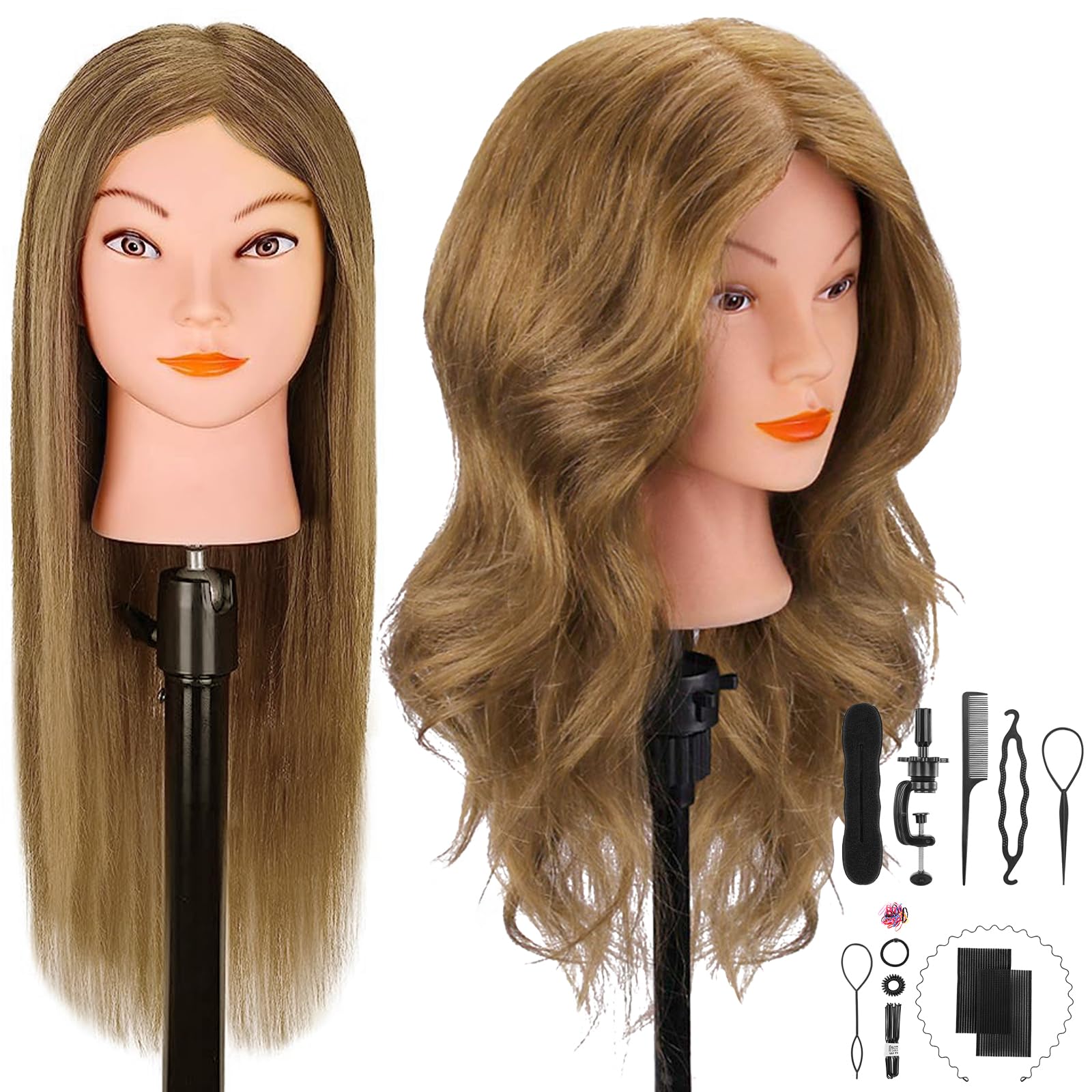 White Smoke Mannequin Head with 100% Real Hair for Cosmetology, CENOZ 18" Light Brown Hairdresser Training Head with Clamp Holder and Tool, Doll Head Mannequin Head for Hair Styling Practice