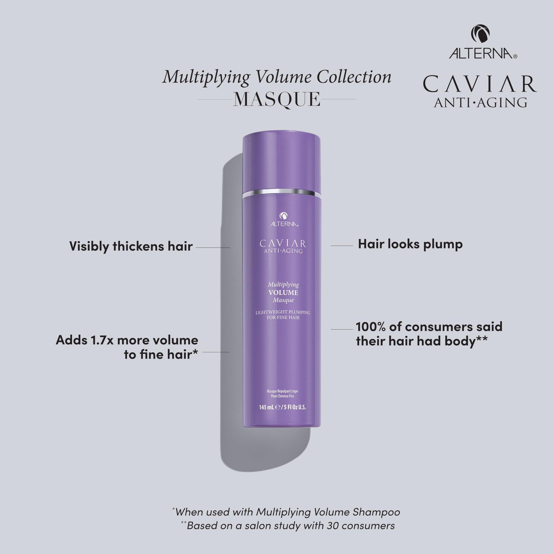 Light Gray Alterna CAVIAR Anti-Aging Multiplying Volume Masque 5 Fl Oz | Lightweight Hydrating Hair Volumizer Mask for Fine, Thin, Limp or Flat Hair | Adds Shine & Body | Strengthens, Detangles & Boosts Fullness