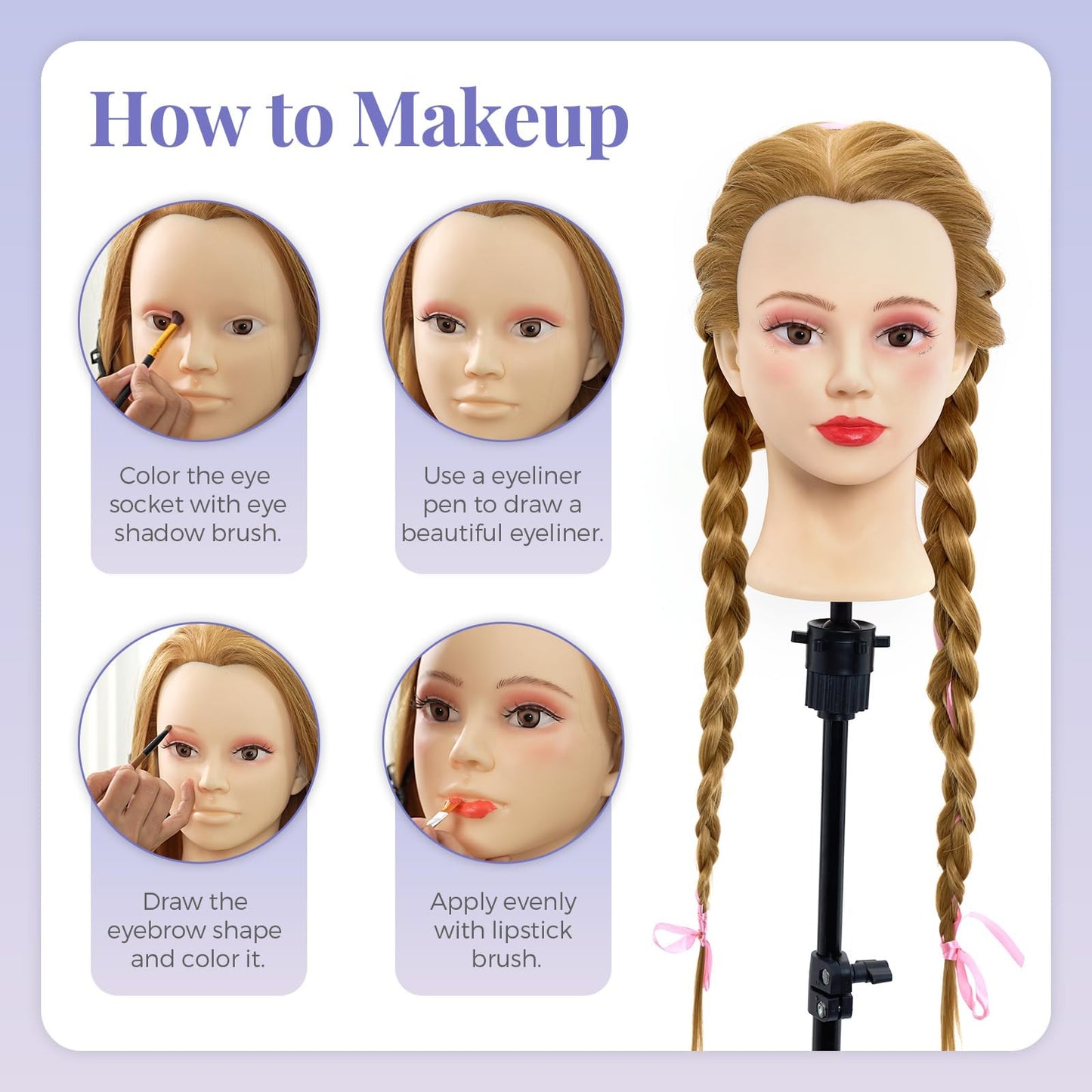 White Smoke Mannequin Head with 90% Real Human Hair - 28 Inch Makeup Cosmetology Manikin Doll Head for Hair Styling, Training Practice Braiding Mannequin Head with False Eyelashes Hair Styling Set
