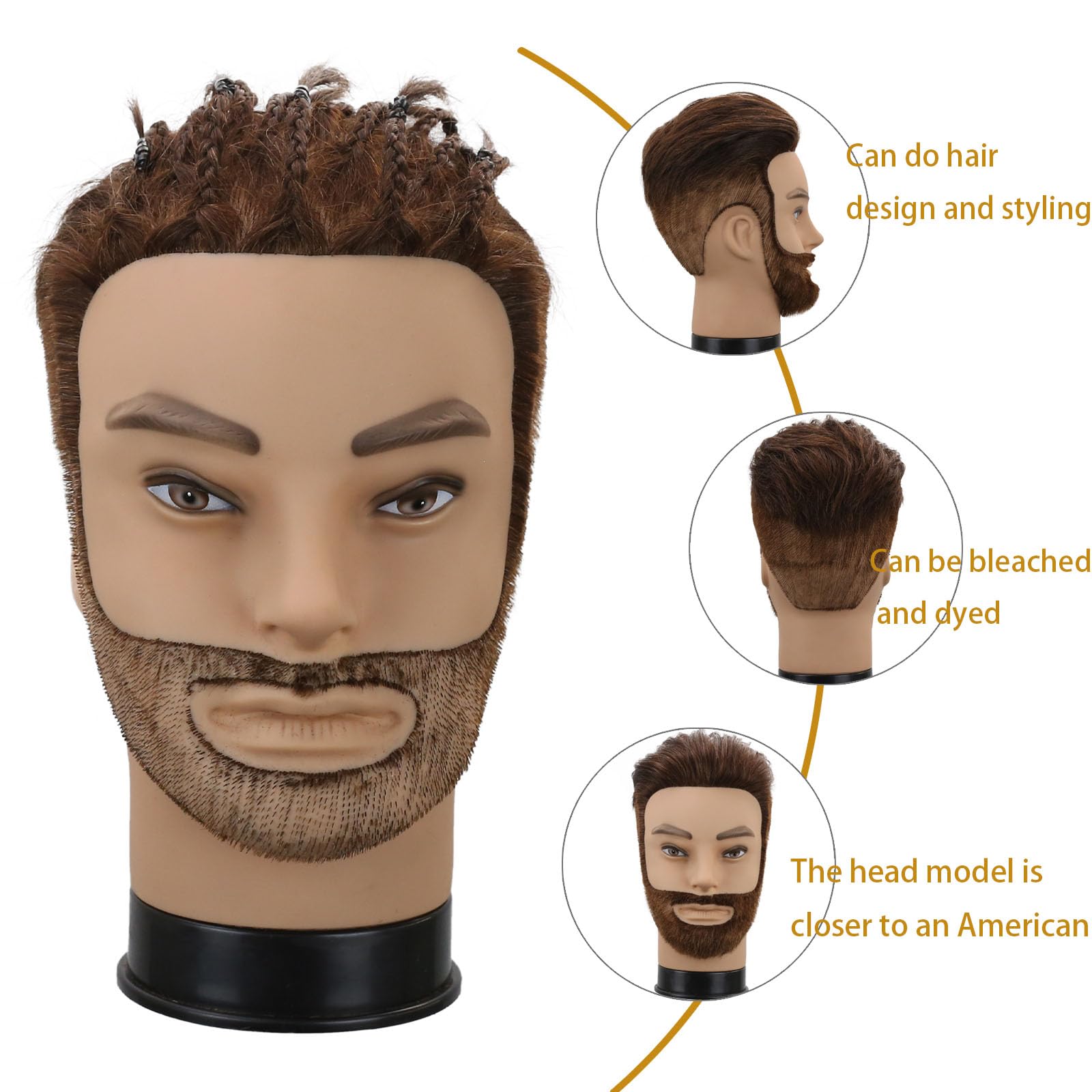White Smoke Male Mannequin Head,Training Head with 100% Human Hair 12inch Barber Mannequin Head Male Mannequin Head With Beard for Hair Styling, Practicing Cut Styling（Dark Brown）