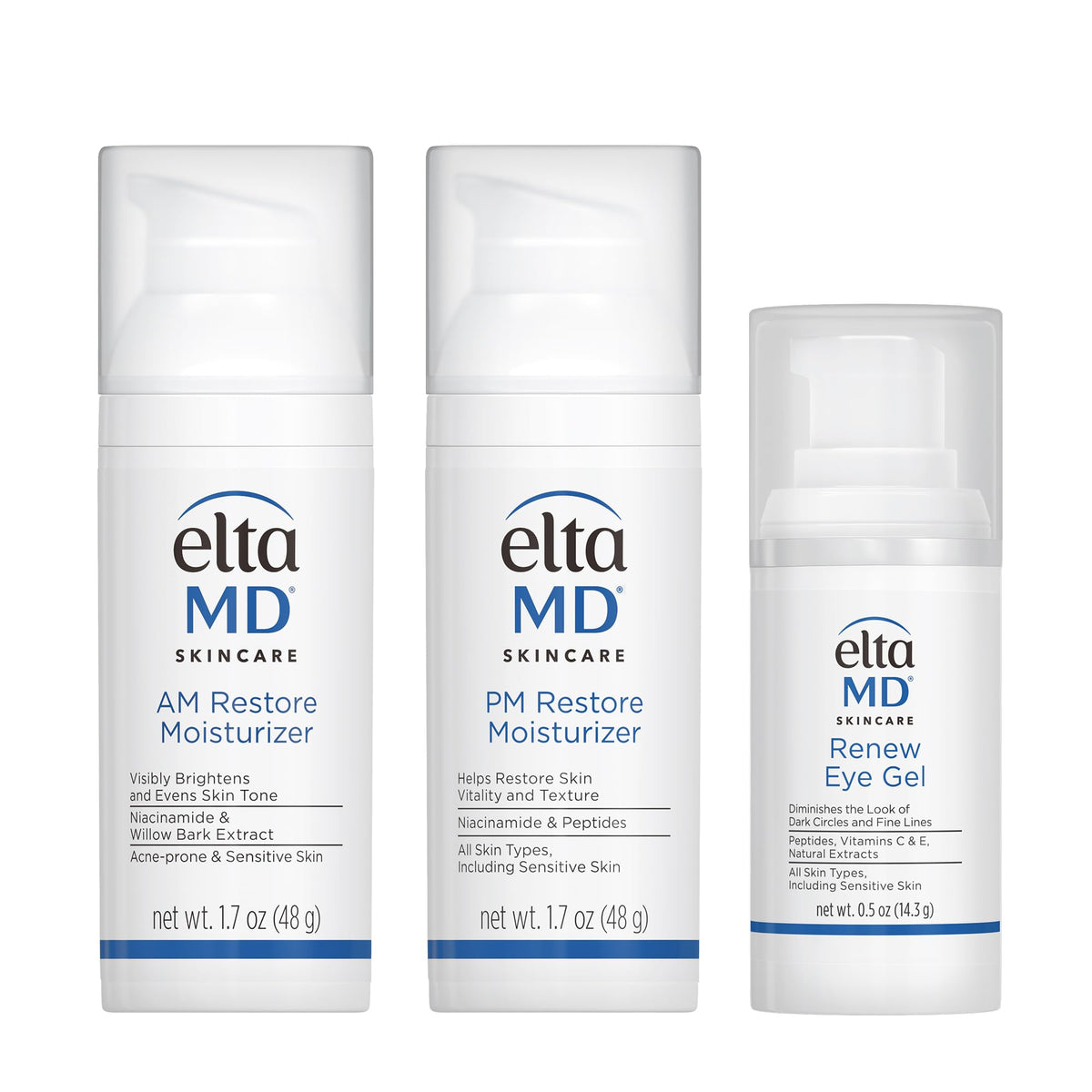 White Smoke EltaMD Morning and Night Skin Care Kit, AM Restore and PM Restore Facial Moisturizers, Anti-Aging Renew Eye Gel
