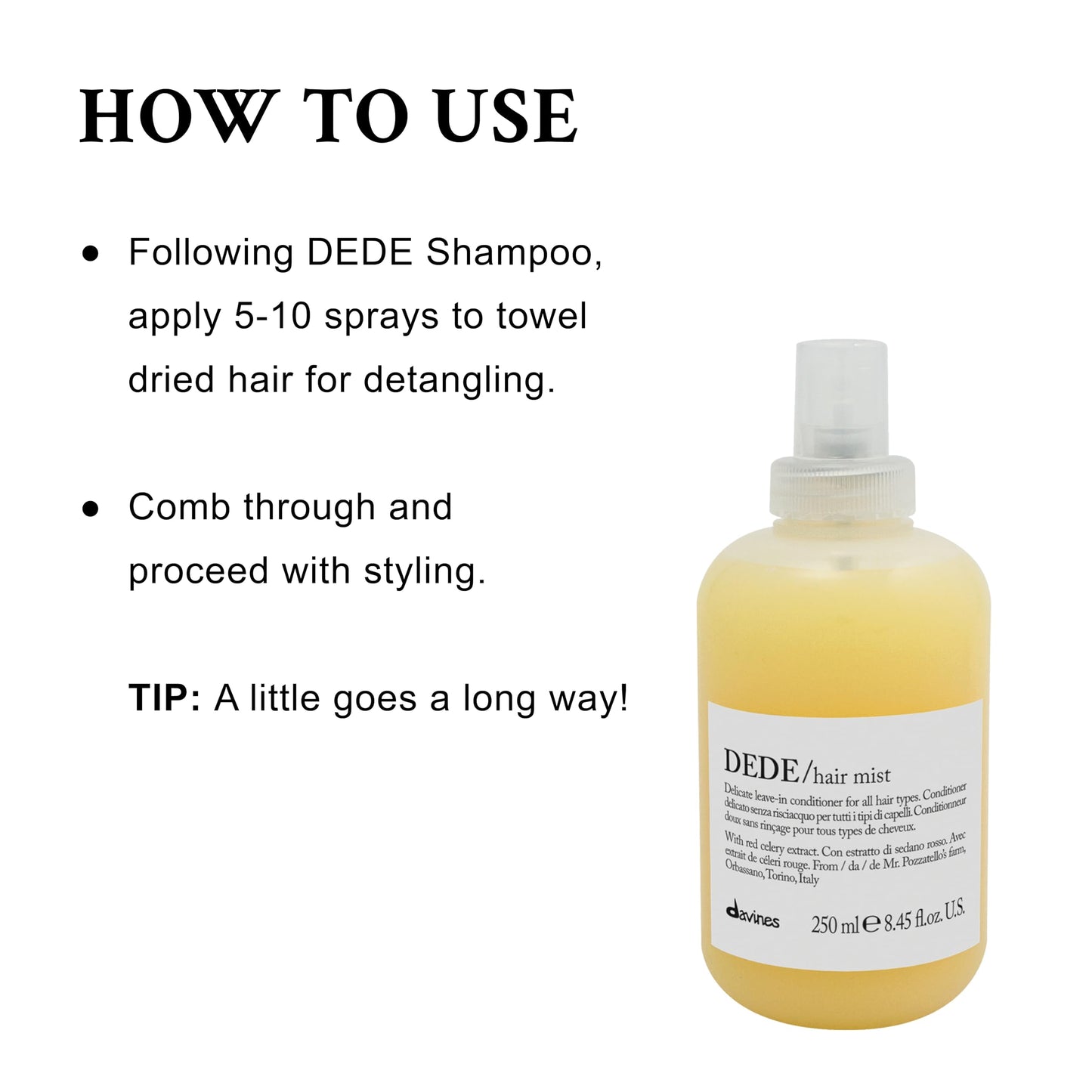 White Smoke Davines DEDE Hair Mist, Lightweight Leave-In Milk Conditioner for All Hair Types - Frequent Use Spray to Detangle, Moisturize, and Remineralize with Red Celery Extract, Weightless, 8.45 Fl Oz