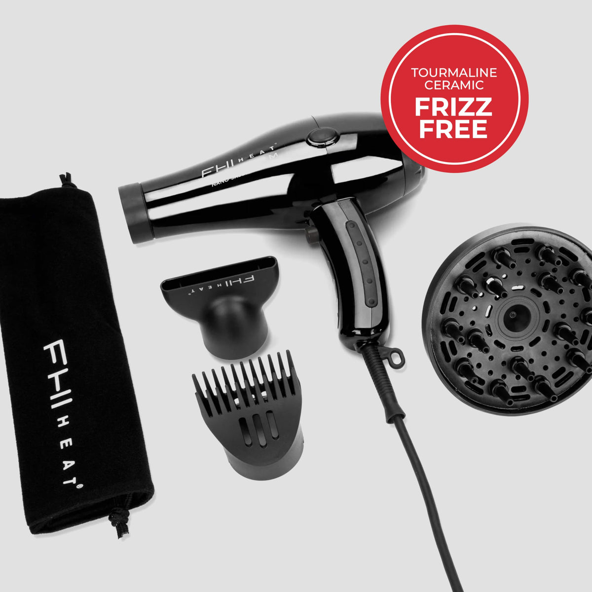 Lavender FHI HEAT Platform Nano Power Salon Pro 2000 Tourmaline Ceramic Quick Dry Hair Dryer with 3 Piece Attachment Set (Comb, Concentrator, and Diffuser), Black