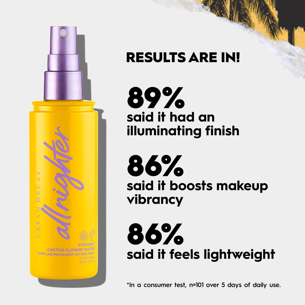 Lavender Urban Decay All Nighter Vitamin C Hydrating Makeup Setting Spray for Face (Travel Size), Transfer-Resistant, Waterproof, 16 HR Wear, Vitamin C & Cactus Flower Water, Illuminated Finish - 4 fl oz