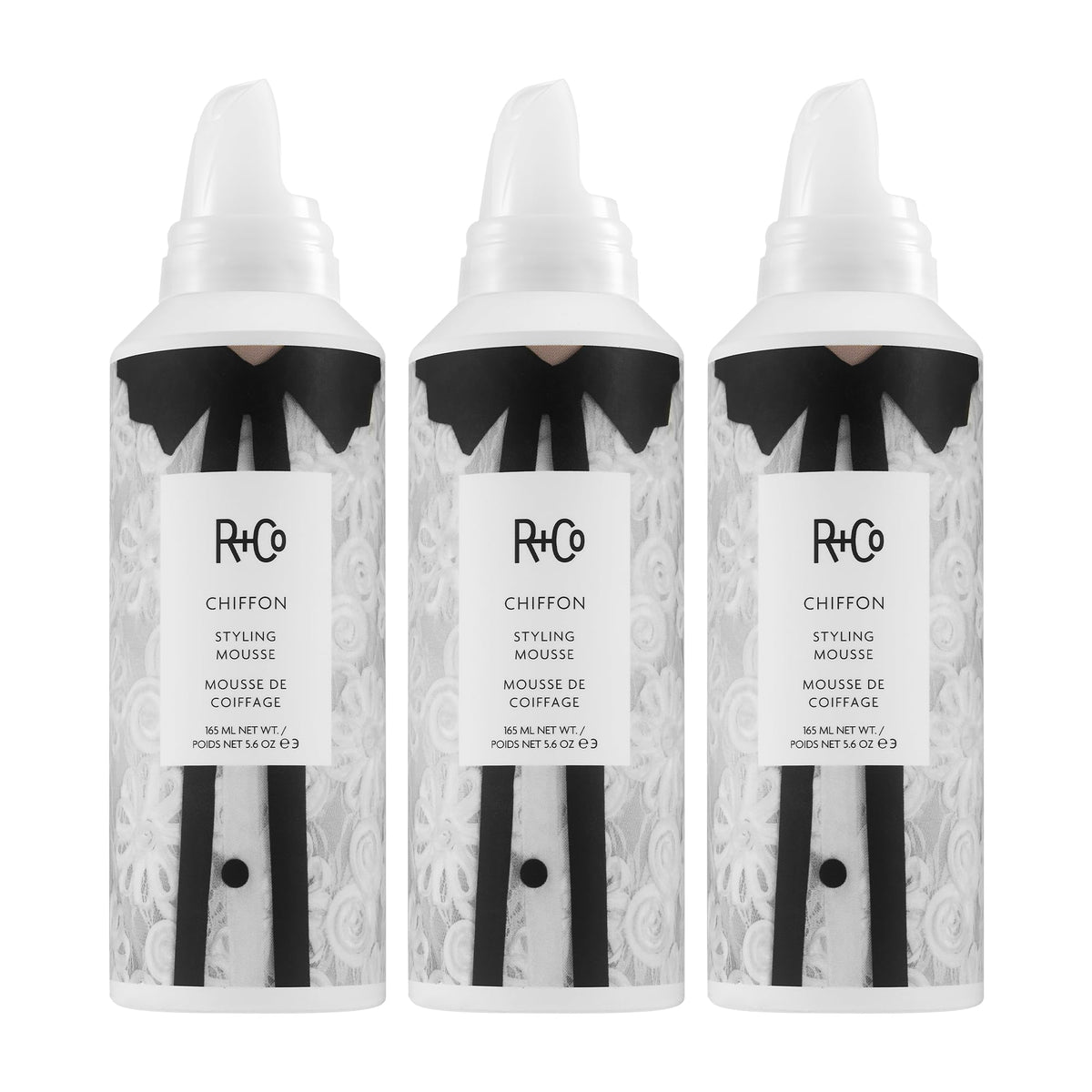 Light Gray R+Co CHIFFON Styling Mousse, 5.6 oz/165 mL, Serious Gaze Scent