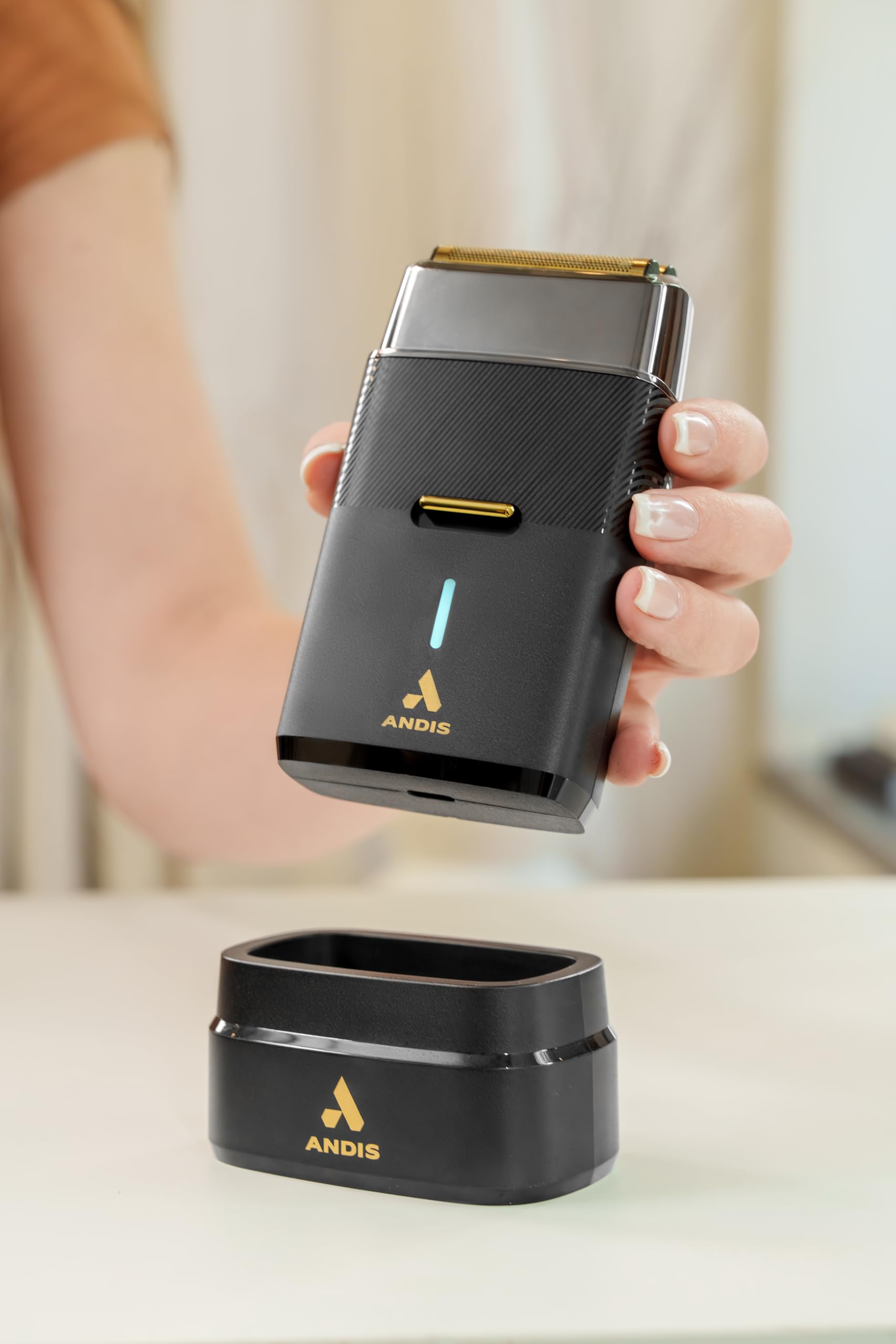 Antique White Andis 563616 Pro Foil Plus II Cordless Shaver, Gold Titanium Foils, Lithium Ion Battery, Includes USB-C Charging Stand, Black