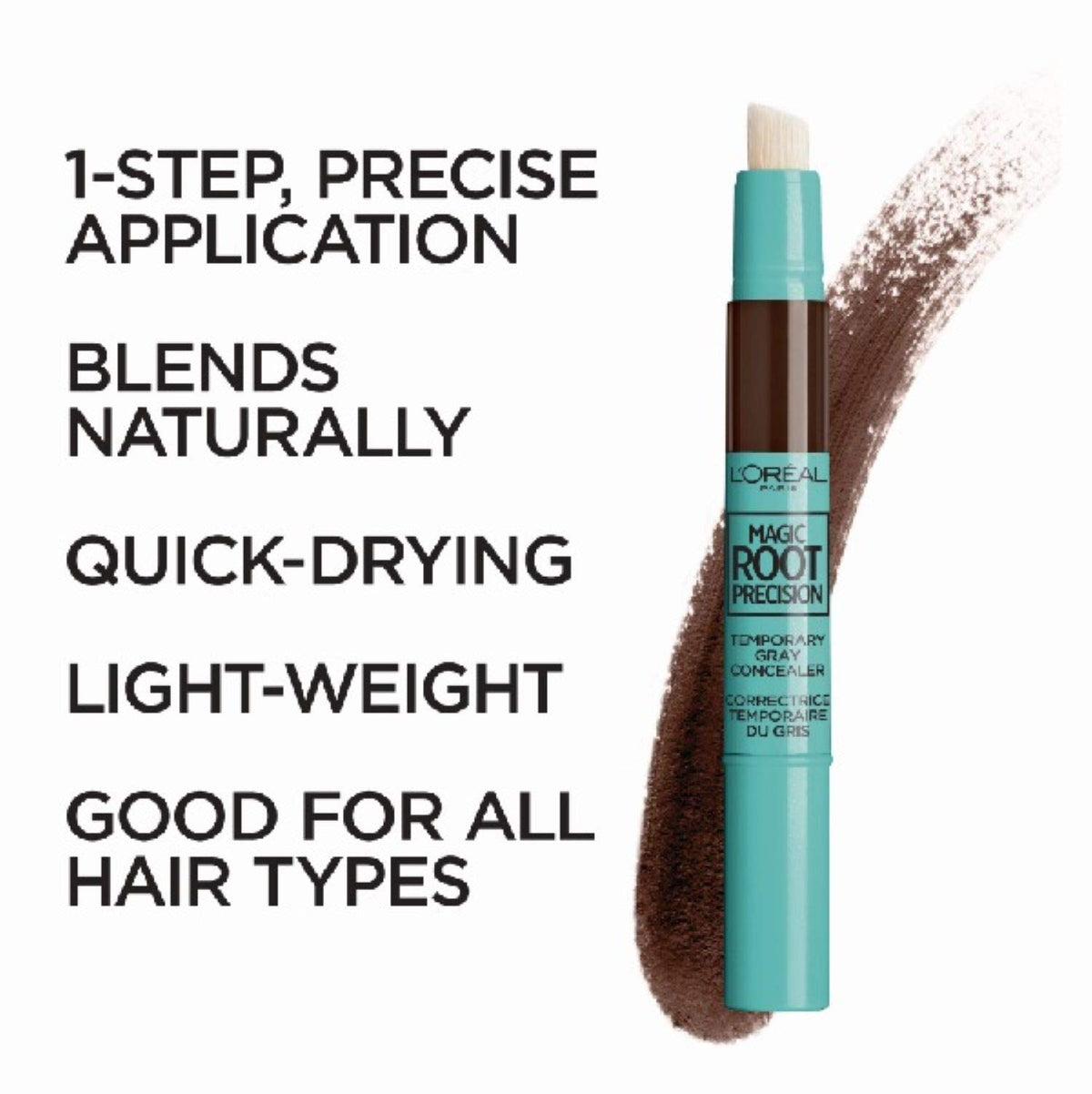 White Smoke L'Oreal Paris Magic Root Precision Pen, Temporary Gray Hair Cover Up Concealer Brush with Washable Formula, Hair Concealer for Scattered Grays, 5 Medium Brown, 0.05 fl oz