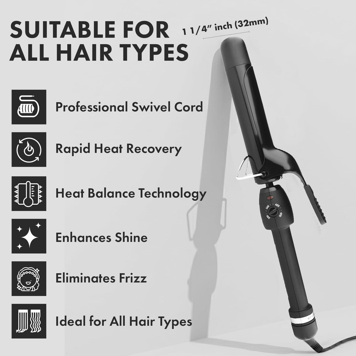 Light Gray Stay-Temp Black Gold Ceramic 1 1/4” Curling Iron for All Hair Types