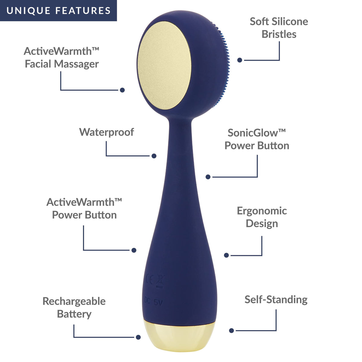 White Smoke PMD Beauty Clean Pro - Electric Facial Cleansing Brush, Smart Facial Device with Silicone Brush & Heated Anti-Aging Aluminum, Gemstone, Precious Metal Massager