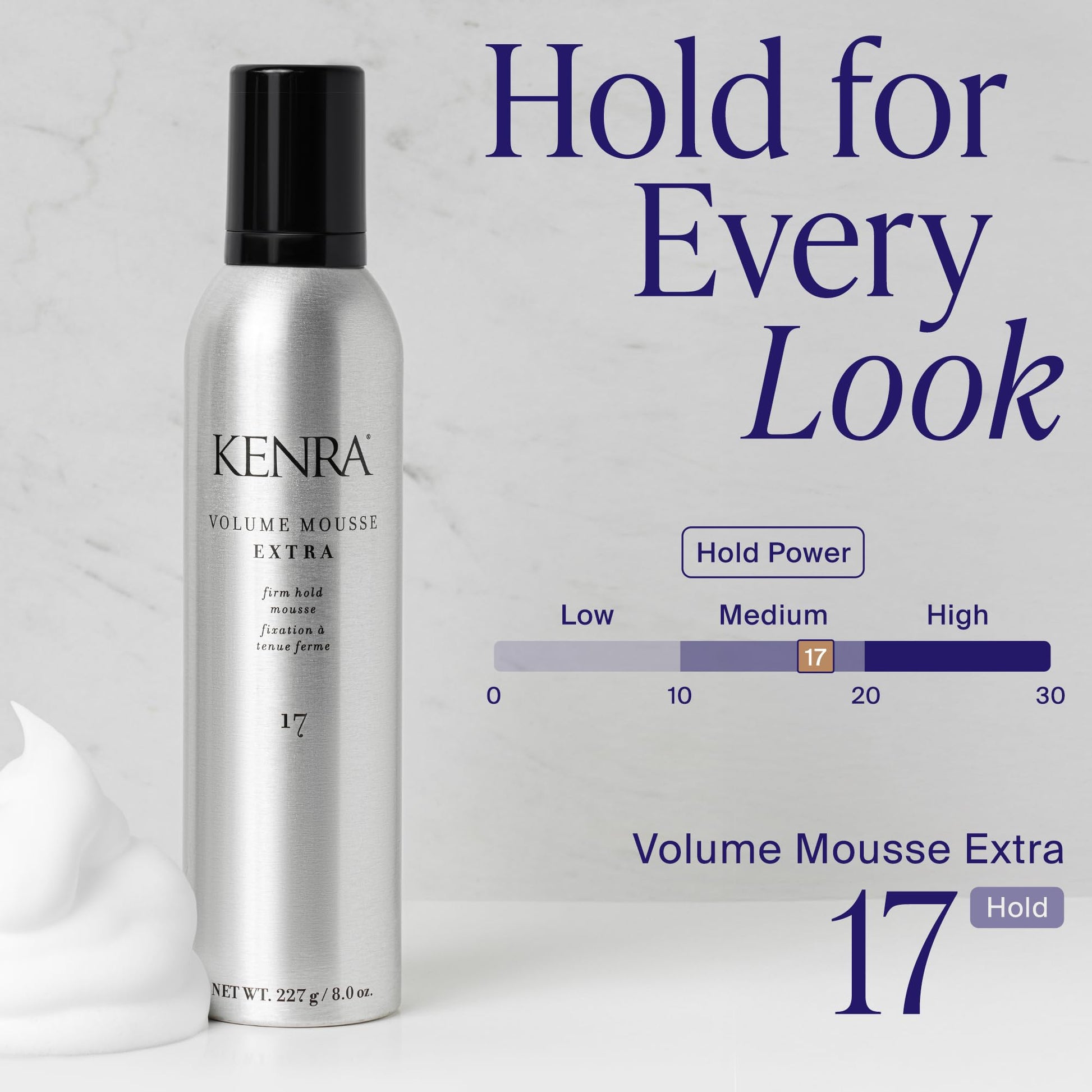 Gray Kenra Volume Mousse Extra 17 | Firm Hold Mousse | Non-drying, Non-flaking Lightweight Formula | Tames Frizz & Conditions |Thermal Protection up to 450F| All Hair Types | 8 oz