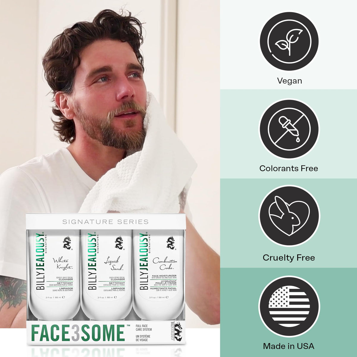 White Smoke Billy Jealousy Face3Some Face Trio Vegan Mens Skin Care Kit with Travel Size Toiletries, Daily Facial Cleanser, Exfoliating Facial Cleanser and Skincare Moisturizer, Gentle Fresh Scent