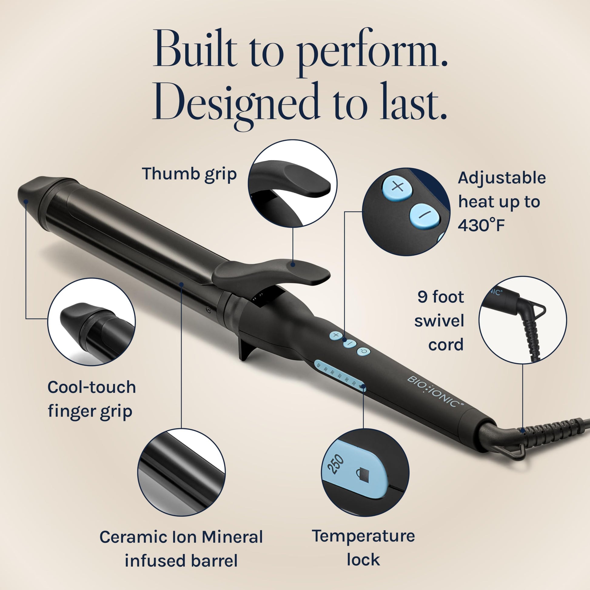 Antique White Bio Ionic Long Barrel Styler, 1.5" Curling Iron with Moisture Heat Technology & NanoIonic MX, Versatile Curling Wand with Adjustable Heat Settings, Hair Curler with 2" Extended Barrel