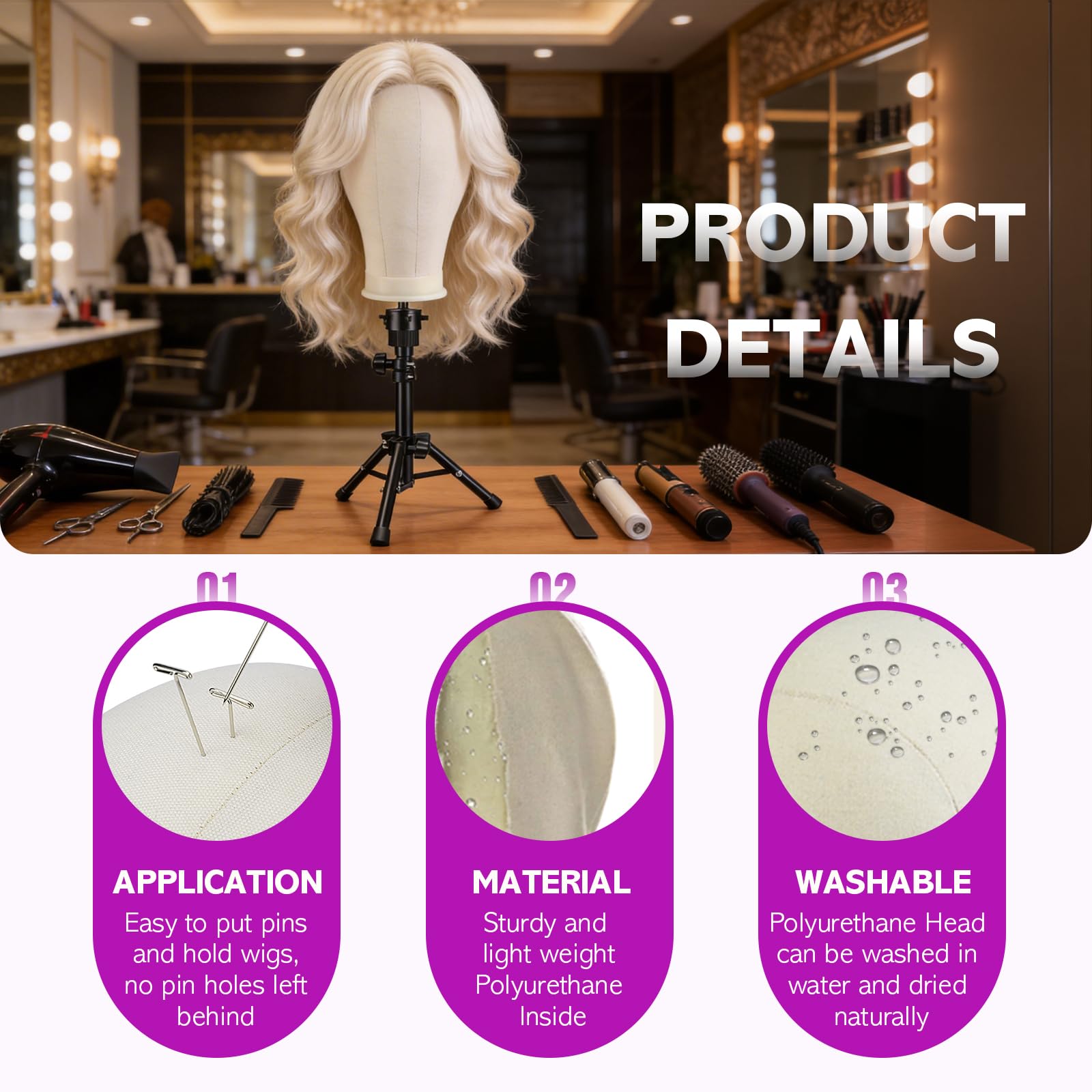 White Smoke Wig Stand - Wig Stand with Head Canvas Wig Head Mannequin Head for Heavy Wigs, Wig Head Stand Manikin Head Wig Head for Wigs Making Display Styling(Wig not included), Wig Stand Tripod Height Adjustable