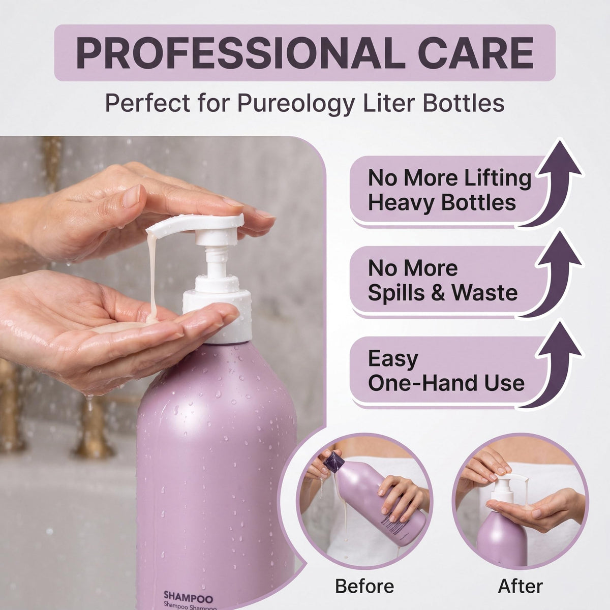 Lavender 3 Pack Liter Pump for Pureology Shampoo and Conditioner 33.8 oz Bottles, Liter Shampoo Pump for Pureology, Pump for Shampoo Bottle 33.8 oz Pumps Dispenser