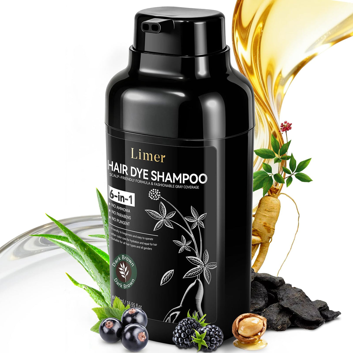 White Smoke Limer Dark Brown Hair Dye Shampoo – 3-in-1 Hair Color Shampoo with 6 Herbal Extracts, 100% Gray Coverage, Non-Damaging, Long Lasting for 6-8 Weeks, Easy At-Home Use for Women & Men, 460ml