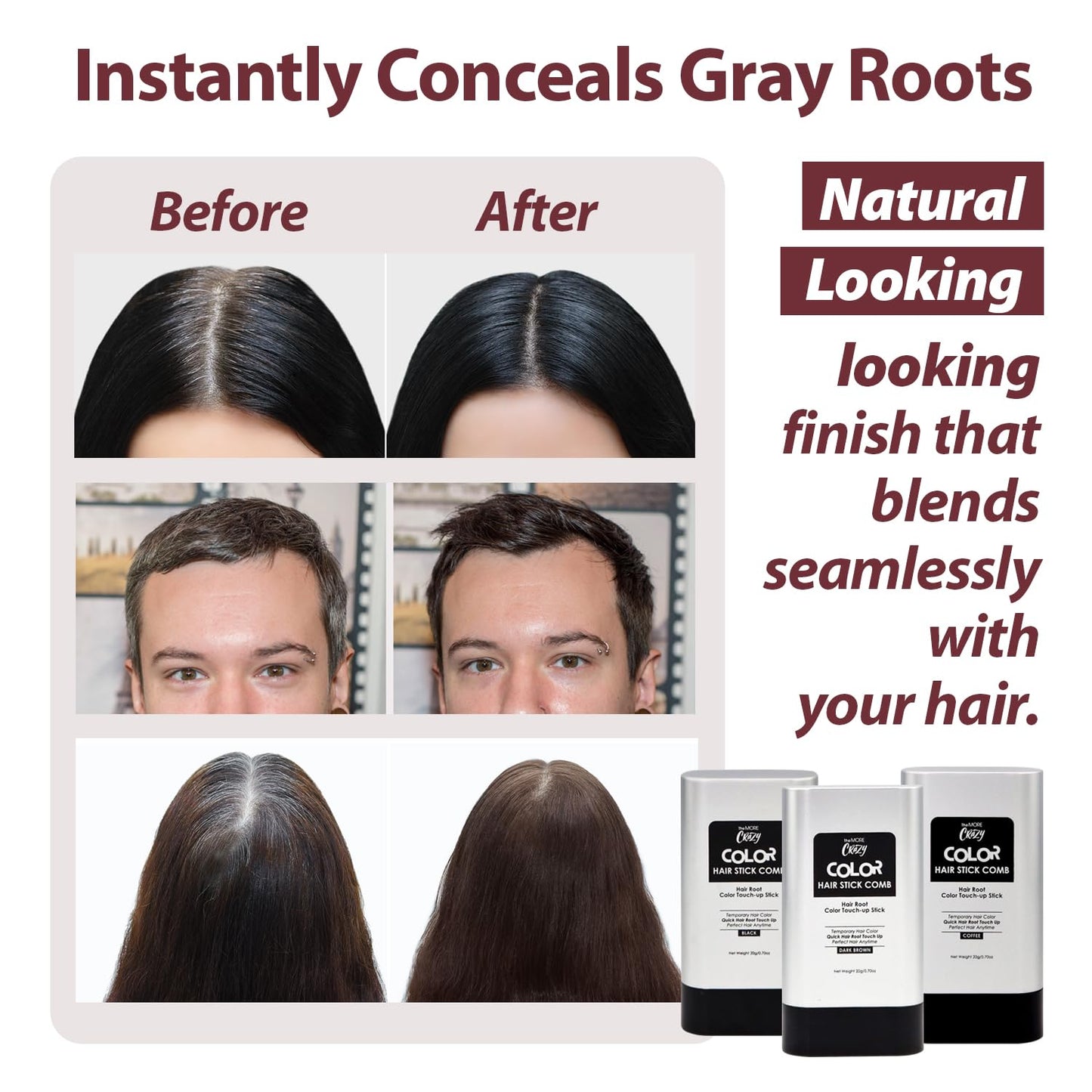 White Smoke TheMore Crazy 2-in-1 Hair Color Stick with Built-in Comb, Quick Root Touch-Up, Gentle Safe Formula, Long-Lasting Sweat-Proof Smudge-Proof for Women & Men (Black)