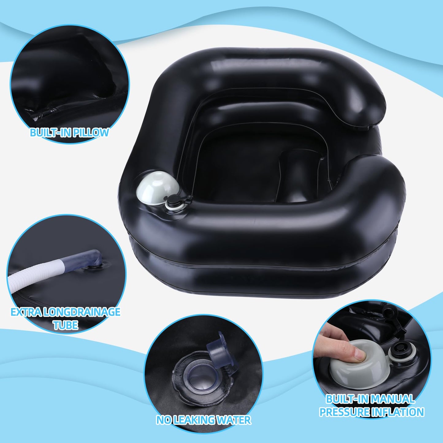 Light Sky Blue Upgraded Inflatable Hair Washing Basin with Built-in Manual Pressure Inflation, Portable Shampoo Bowl Sink for Hair Washing Station & Elderly, Disabled, Bedridden