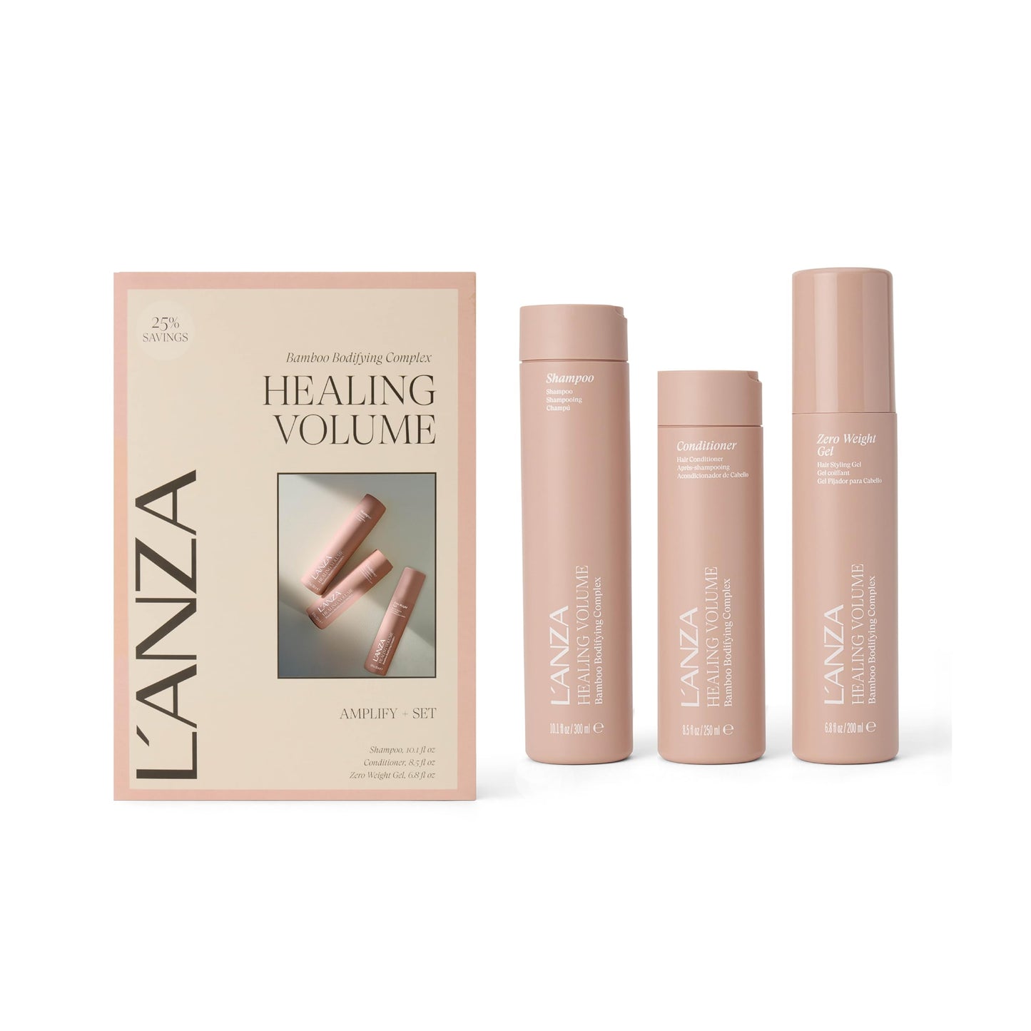 Light Gray L'ANZA Healing Volume Zero Weight Hair Gel, Thickening Shampoo & Conditioner Set, Volumizing, Boosts Body, Adds Fullness, Color Safe, Anti-Frizz, Anti-Humidity, Sulfate Free, Hair Care Kit