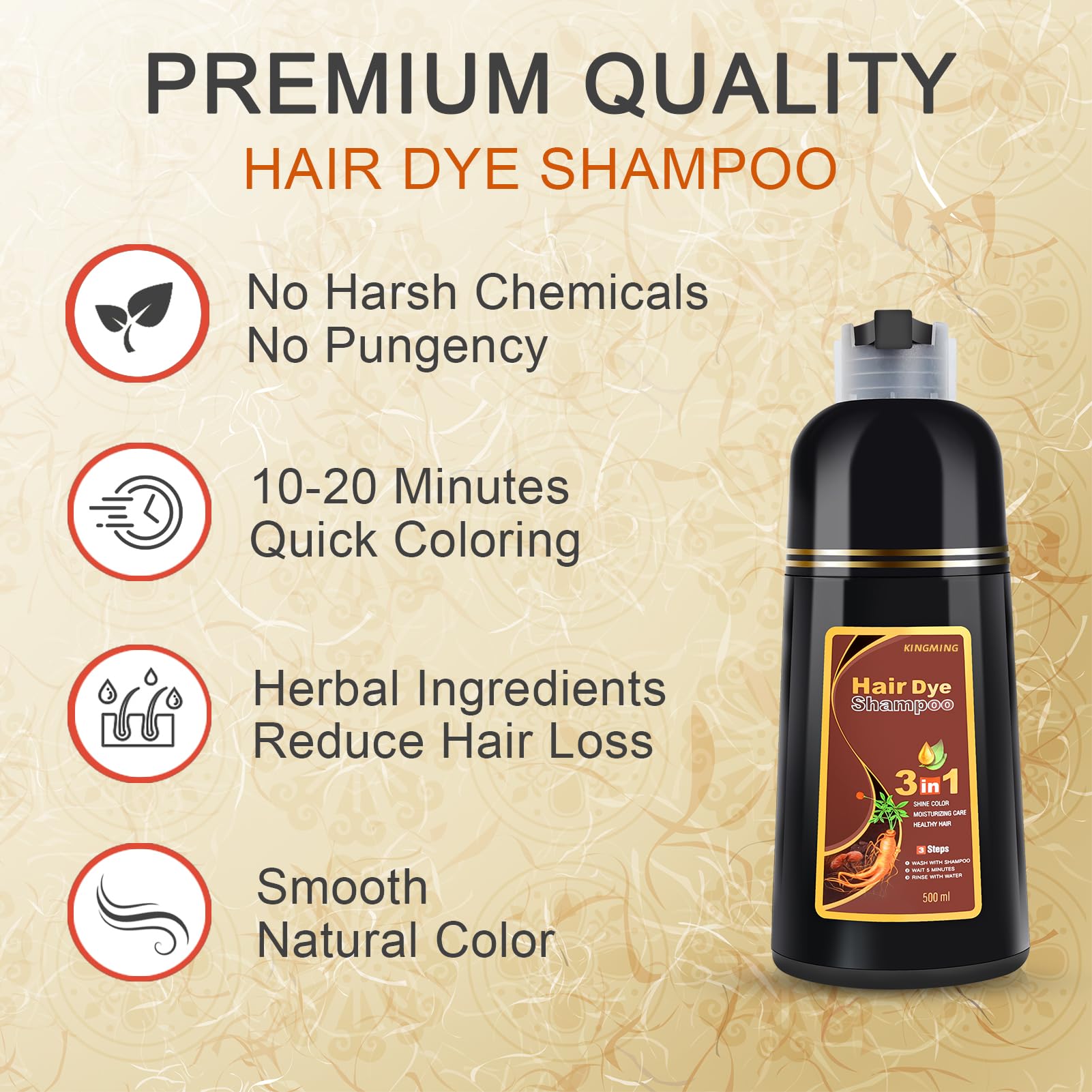 Wheat KINGMING Dark Brown Herbal Instant Color Shampoo for Gray Hair Coverage for Women & Men - 3 in 1 Champu Con Tinte Para Canas 500ml