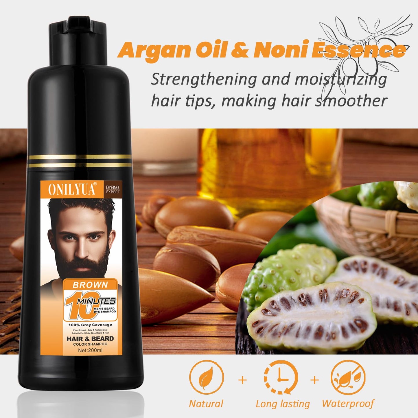 Lavender Men's Beard Dye, Brown Beard Dye Shampoo for Gray Hair Coverage, Root Touch Up, 3 in 1 Simpler Hair Color for Men, Long Lasting Hair Dye Shampoo for Beard & Mustache, 200 ml