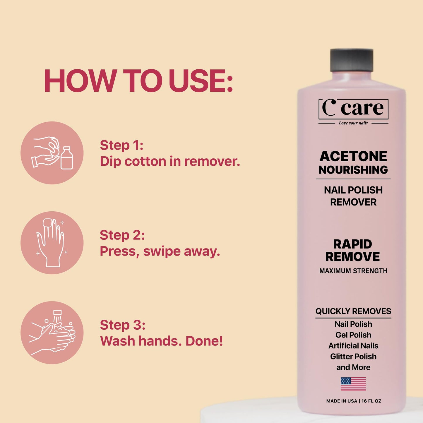 Peach Puff Nourishing Acetone Nail Polish Remover | Professional Quality | Rapidly Removes Natural, Natural, Gel, Acrylic, and Glitter Nails | 16 Fl oz