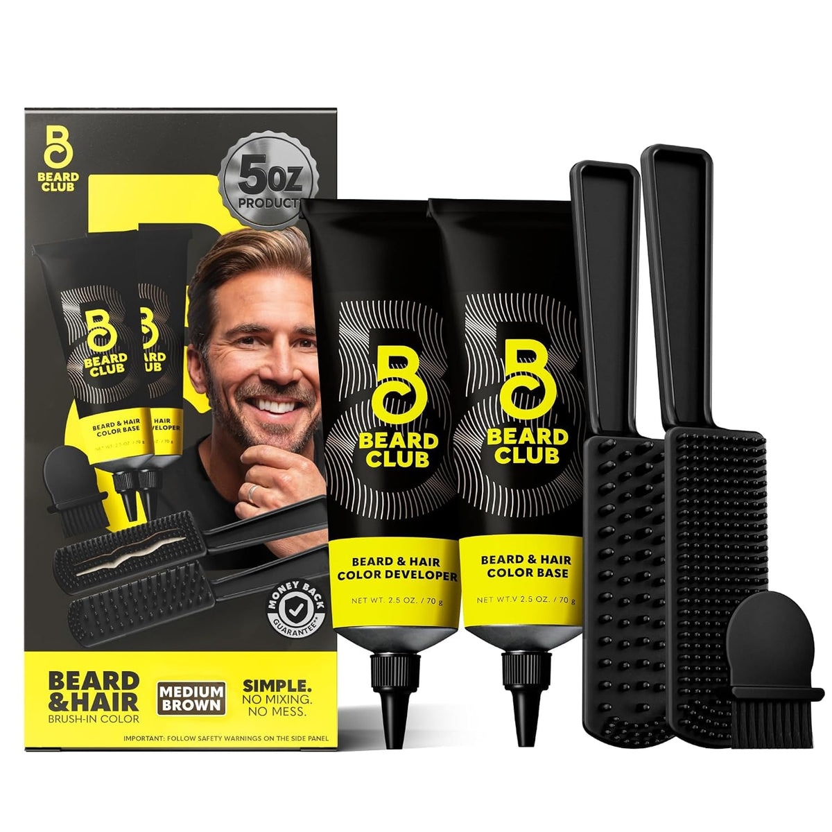 White Smoke The Beard Club Permanent Hair and Beard Dye for Men – Professional Quality Mustache Dye, Hair Color for Men, Covers Grays, All in One Reusable 5 Minute Color Kit – Medium Brown