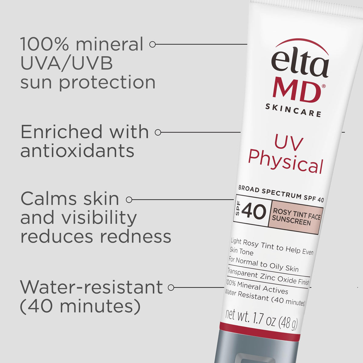 Light Gray EltaMD UV Physical Rosy Tinted 100% Mineral Face Sunscreen, SPF 40, 1.7 oz