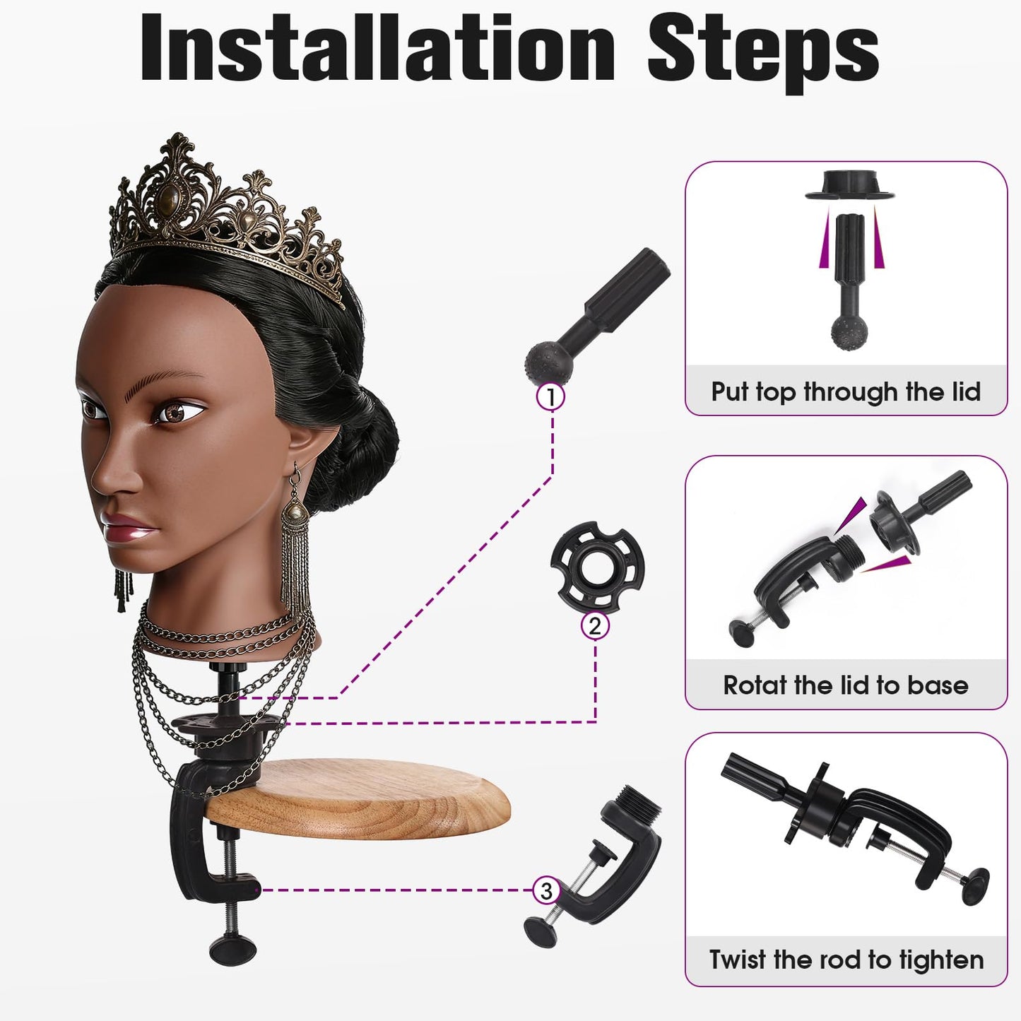 White Smoke Mannequin Head Human Hair, 26" Cosmetology Mannequin Head with 80% Human Hair, Doll Head for Hair Styling with Clamp Holder and Tools (Black)