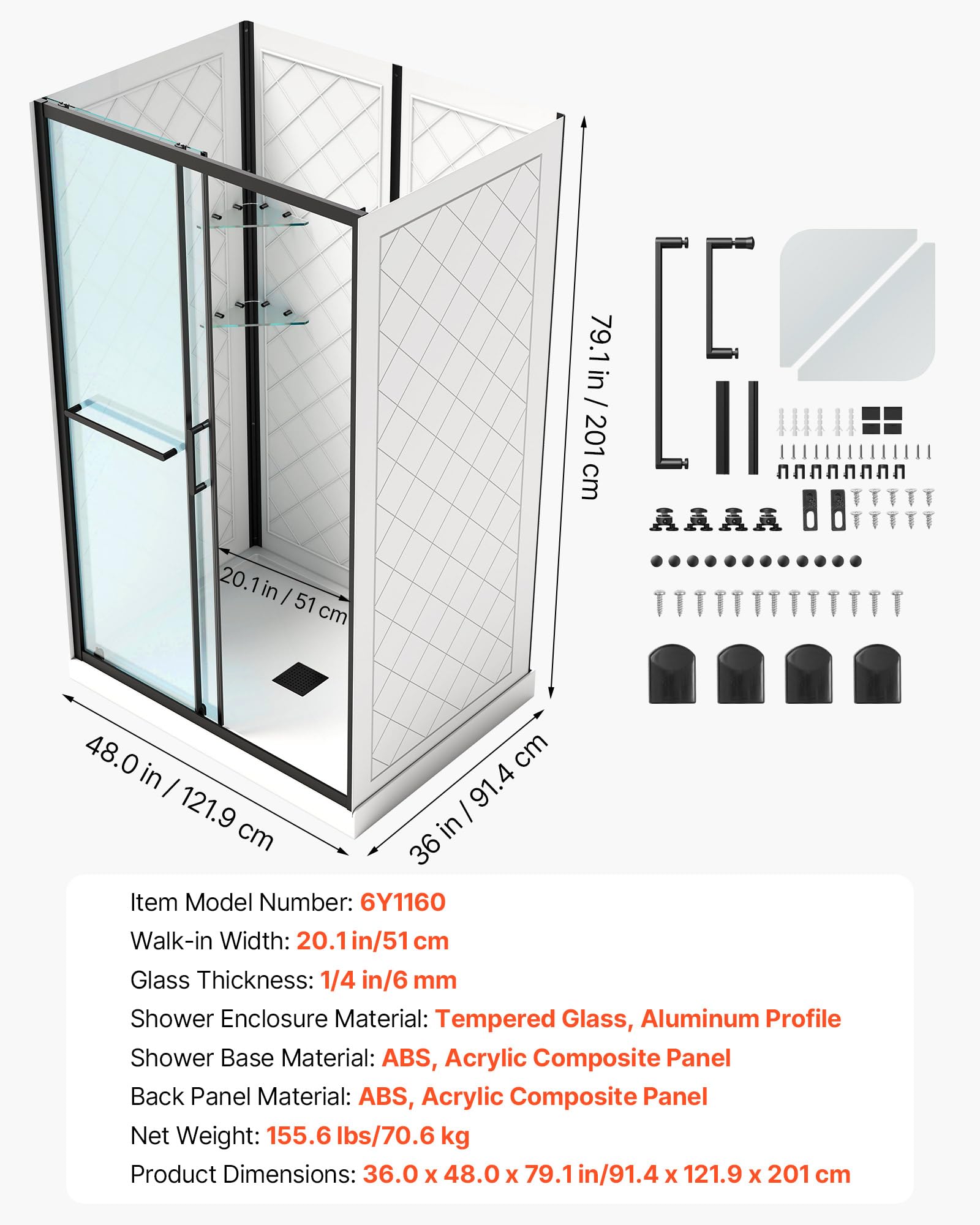 White Smoke VEVOR Shower Enclosure, 36 in. D x 48 in. W x 79.1 in. H, Framed Sliding Shower Door with 1/4 in. Clear Tempered Glass, Complete Bathroom Alcove Stall with Non-Slip Base Kit & Triple-Sided Wall Panels