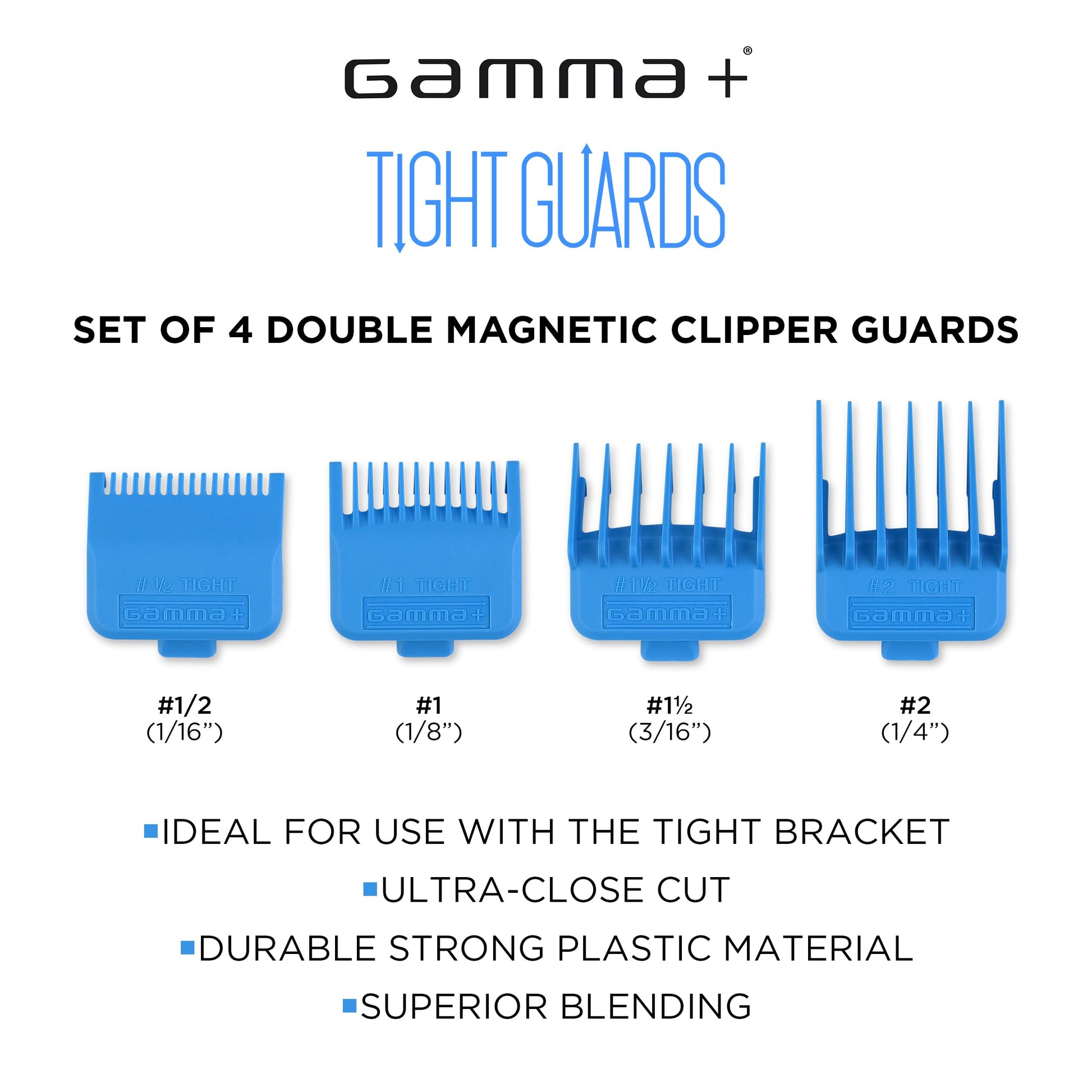 White Smoke GAMMA+ Professional Dub Magnetic Hair Clipper Guards from 1/16 to 3/4 (Cyan Blue 4-PK)