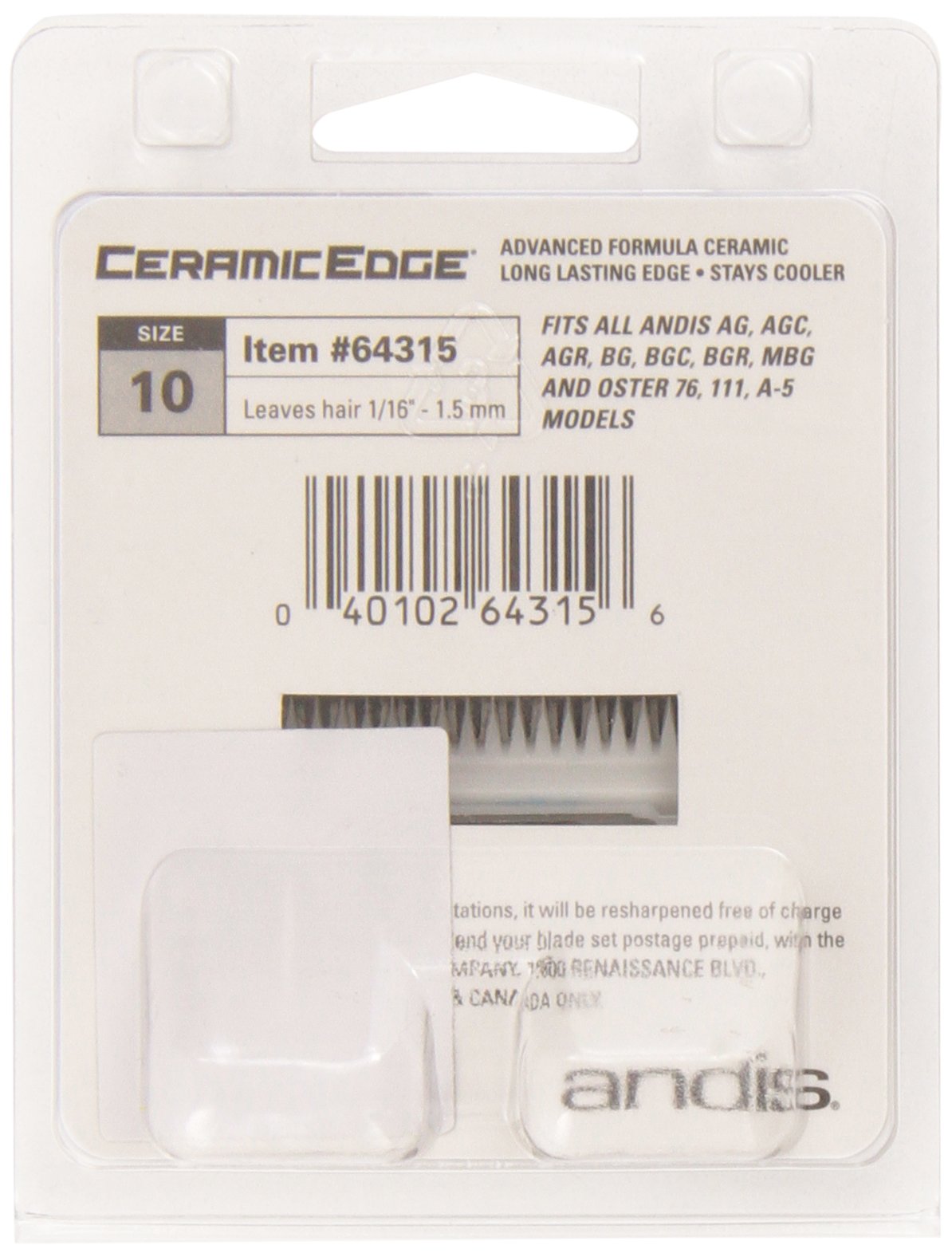 Light Gray Andis – 64315, Ceramic Edge Detachable Pet Clipper Blade – Carbon-Infused Steel with Sharp Cutting Tech, Runs Cooler & Stays Sharper, Resists Rust & Heat, Size-10 - Fits AG, AGC & BDC Series, Chrome