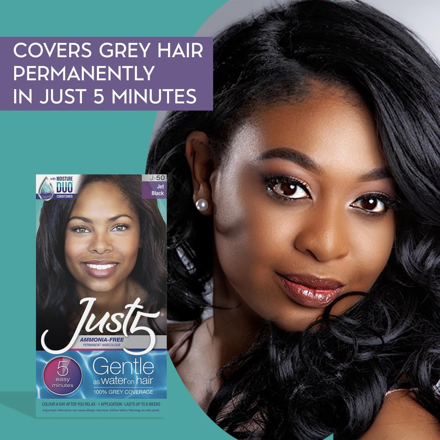 Black Just 5 Women's 5 Minute Permanent Hair Color with Conditioner, Grey Hair Coloring for Women - Jet Black