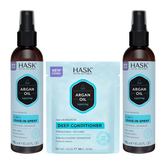 White Smoke HASK Argan Oil 5-in-1 Leave-In Conditioner Duo (6oz-Qty 2) & Argan Oil Repairing Deep Conditioner Packette, Color Safe, Sulfate-Free, Paraben-Free, Gluten-Free, for All Hair Types