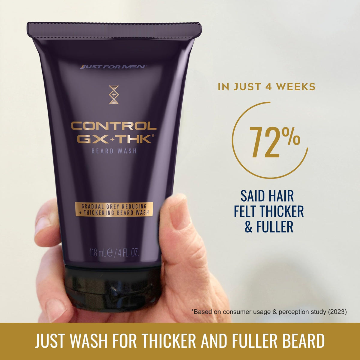 Light Gray JUST FOR MEN Control GX + THK Thickening Beard Wash, Gray Reducing, 4 Fl Oz