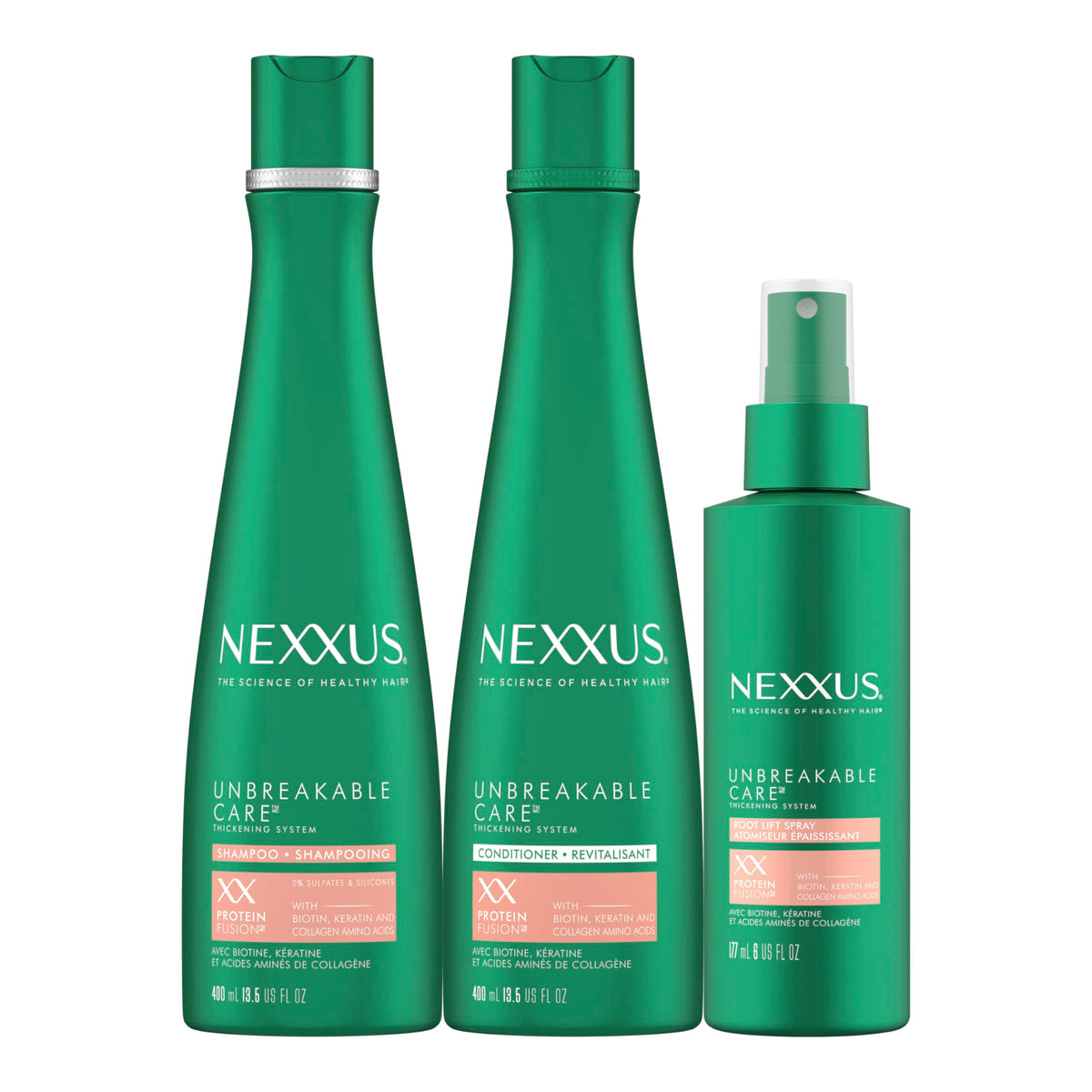 White Smoke Nexxus Unbreakable Care™ Shampoo, Conditioner, and Leave-In Spray 3 Pack