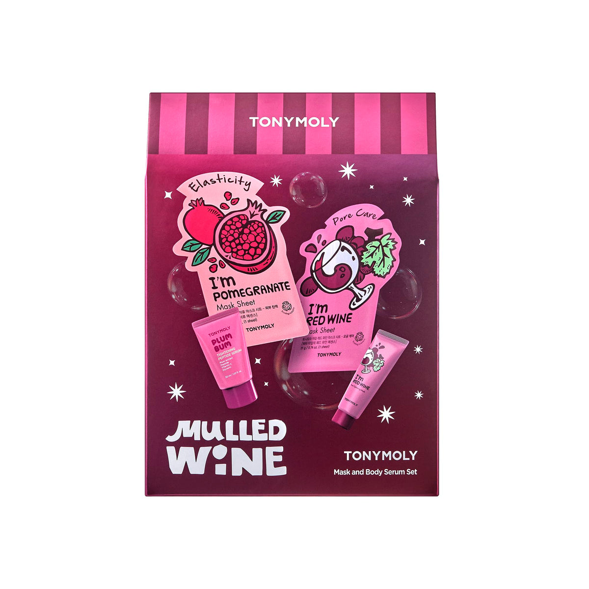 Dark Red TONYMOLY Holiday Skincare Gift Set Collection – 4-Piece K-Beauty Self-Care Sets with Hydrating Sheet Masks, Hand Creams & Wash-Off Masks – Coffee, Mulled Wine & Rose