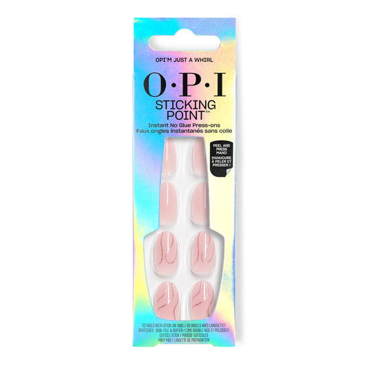 Light Gray OPI Sticking Point OPI’m Just a Whirl |Short Round Semi-Sheer Warm Pink with Gold Glitter Swirls Nail Art Instant No Glue Press On Nails | 30 Count with Adhesive Tabs | Damage-Free Wear | Spring 2026