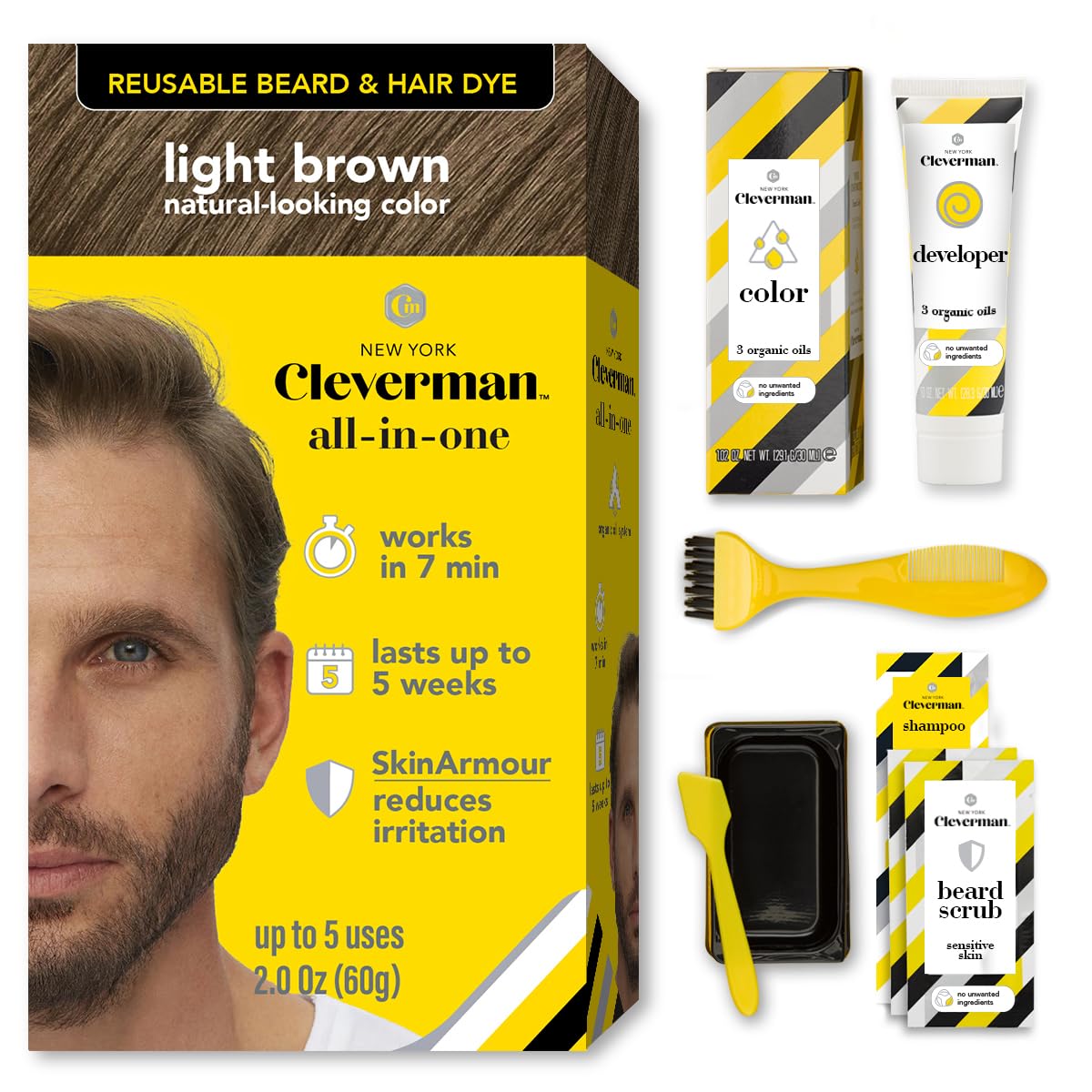 White Smoke Cleverman Hair & Beard Dye for Men, Light Brown 6.12, Gray Coverage