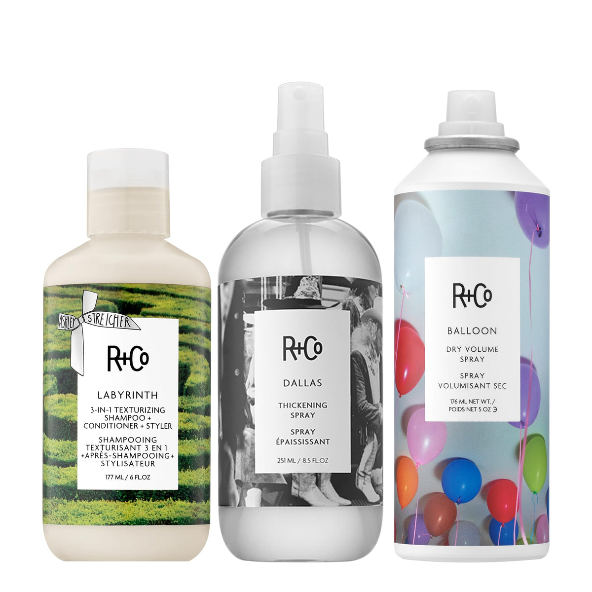 White Smoke R+Co LABYRINTH 3-in-1 Texturizing Shampoo + Conditioner + Styler